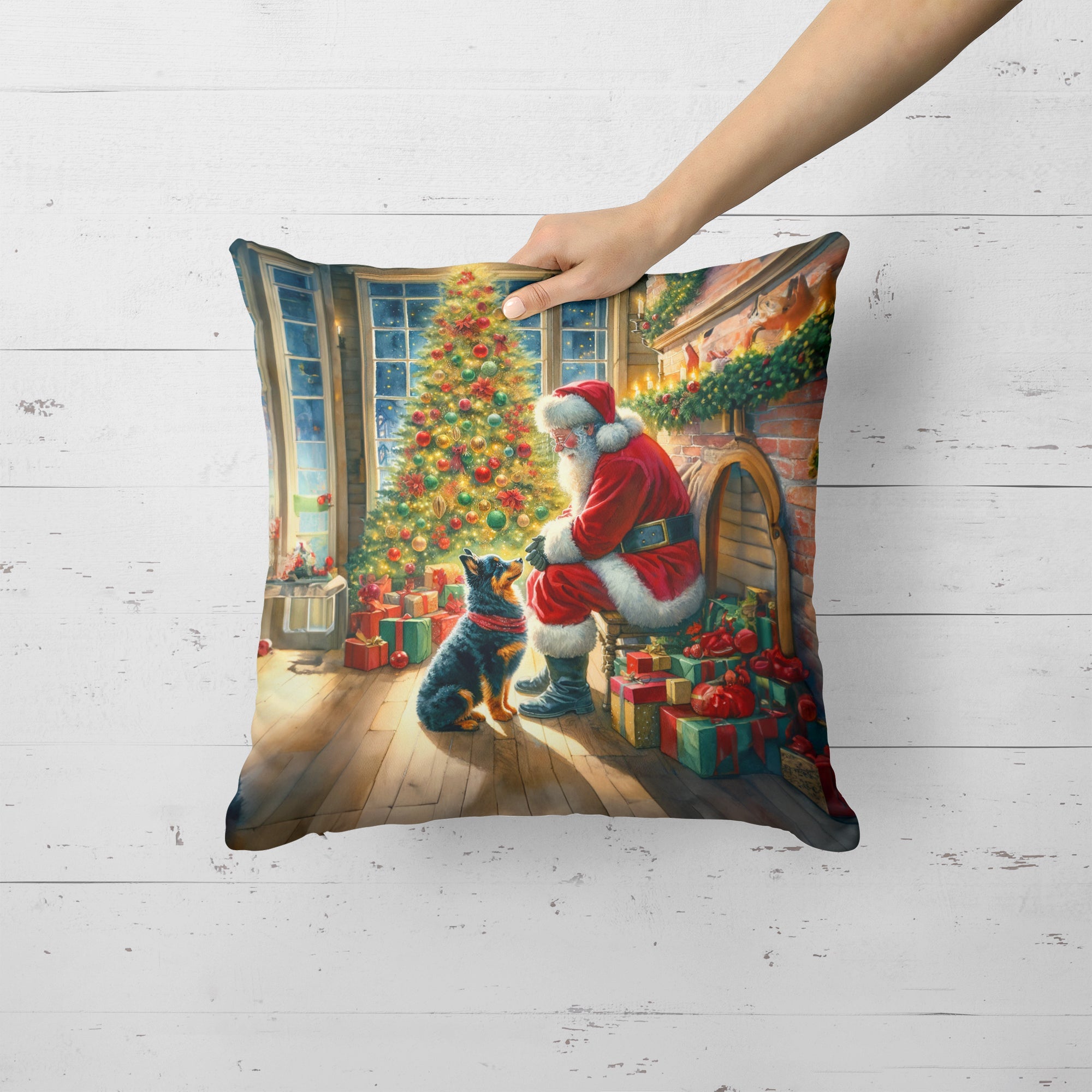 Lancashire Heeler and Santa Claus Decorative Throw Pillow 18x18 Indoor Outdoor Accent Cushion, Fabric Cover with Insert for Sofa, Bed, Porch & Living Room