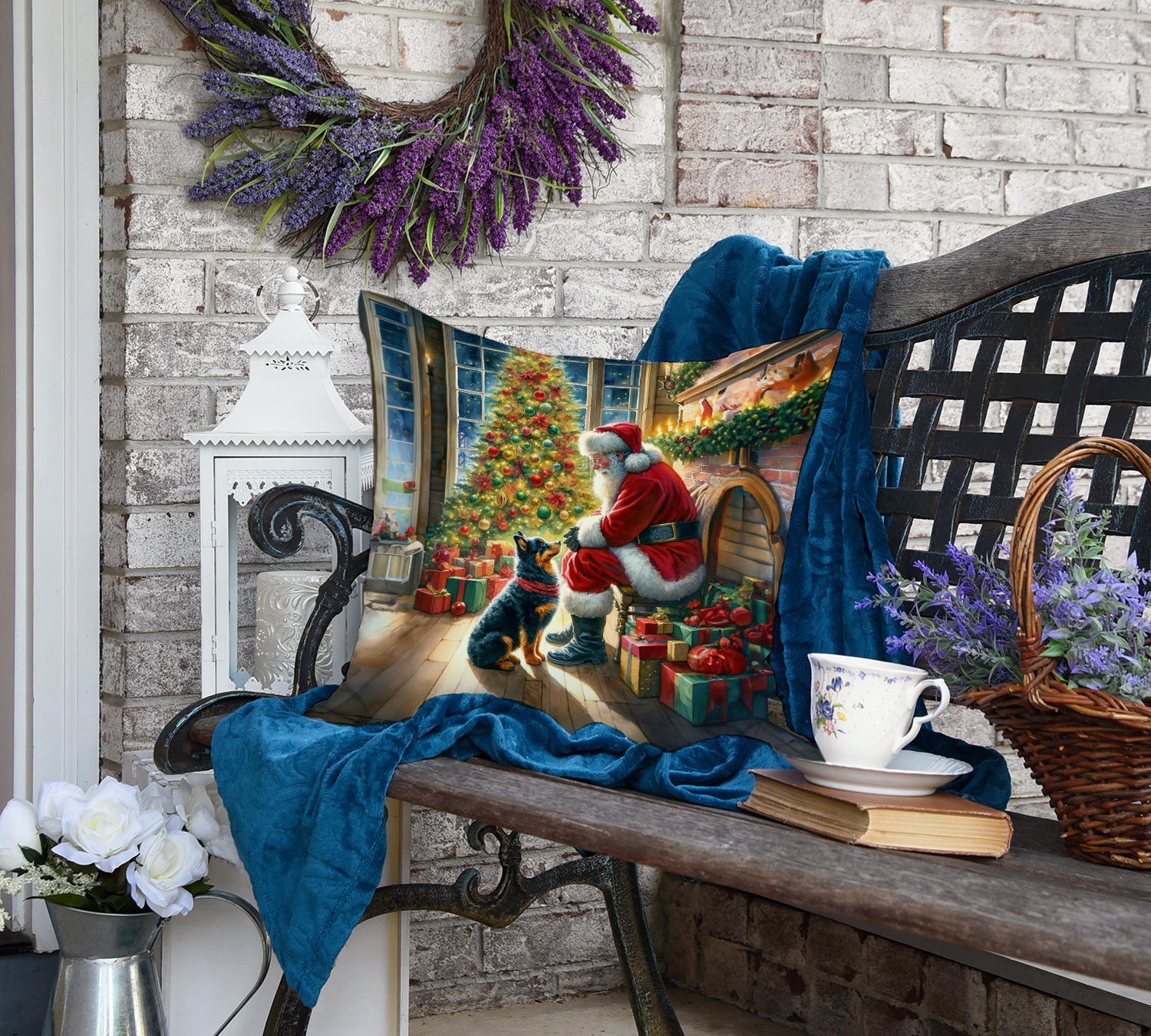 Lancashire Heeler and Santa Claus Decorative Throw Pillow 18x18 Indoor Outdoor Accent Cushion, Fabric Cover with Insert for Sofa, Bed, Porch & Living Room