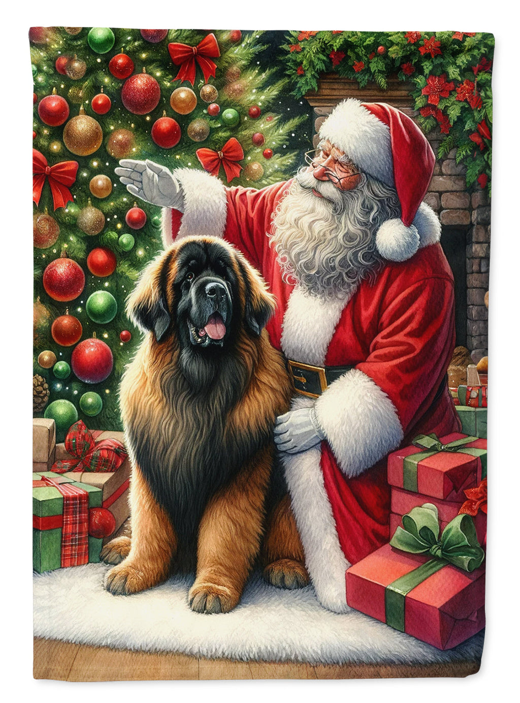 Leonberger and Santa Claus House Flag 28x40 Porch Sleeve Pole Decorative Outside Yard Banner Artwork Wall Hanging, Polyester
