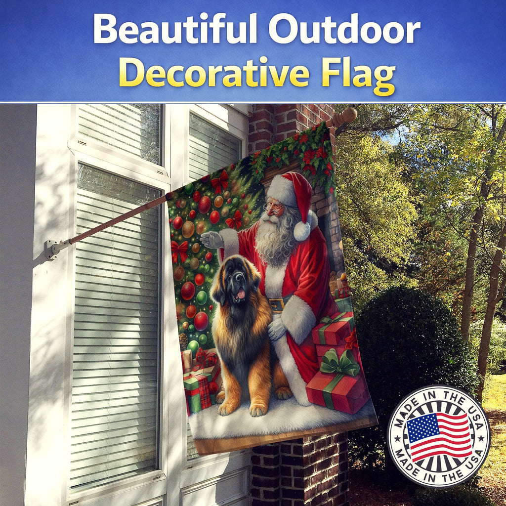Leonberger and Santa Claus House Flag 28x40 Porch Sleeve Pole Decorative Outside Yard Banner Artwork Wall Hanging, Polyester