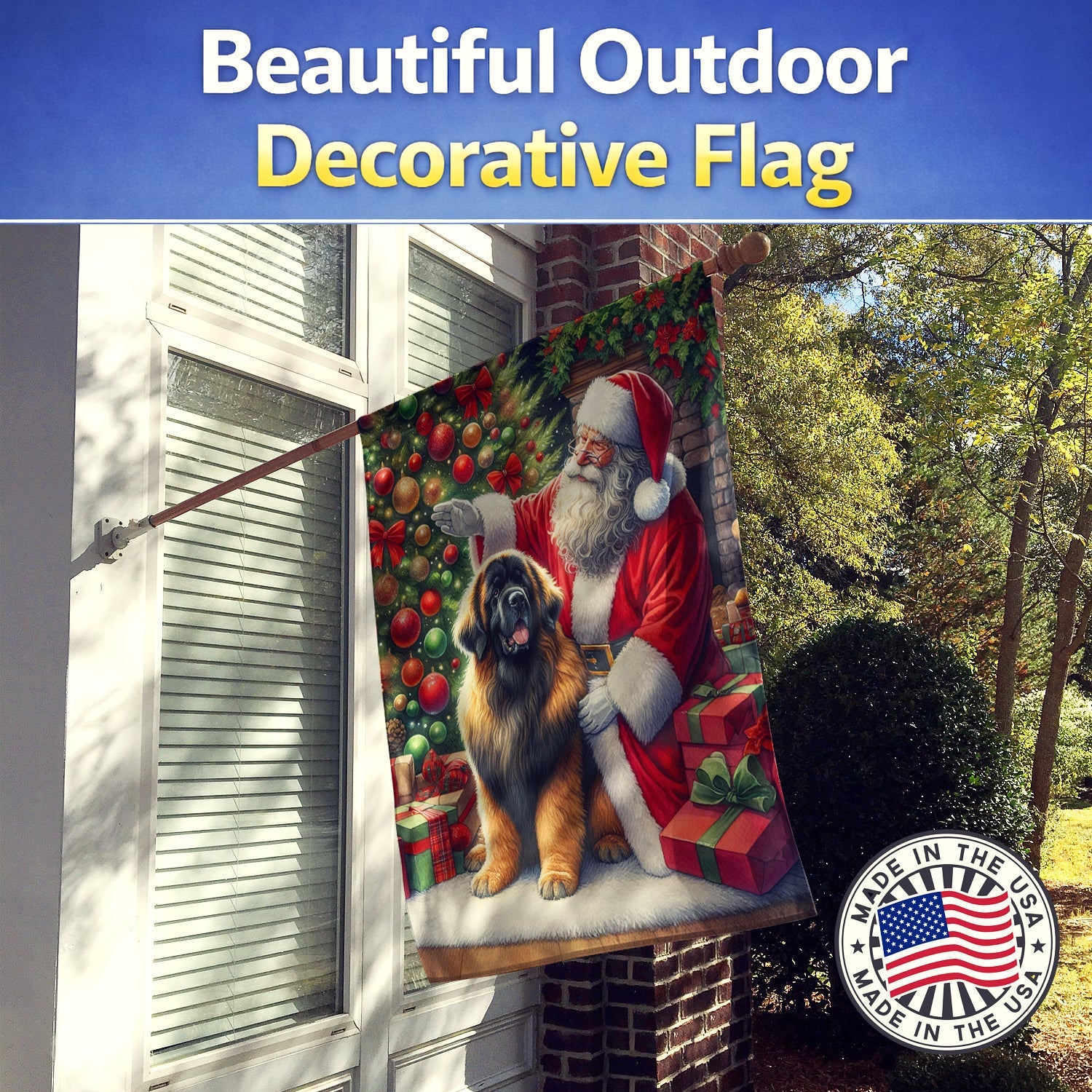 Leonberger and Santa Claus House Flag 28x40 Porch Sleeve Pole Decorative Outside Yard Banner Artwork Wall Hanging, Polyester
