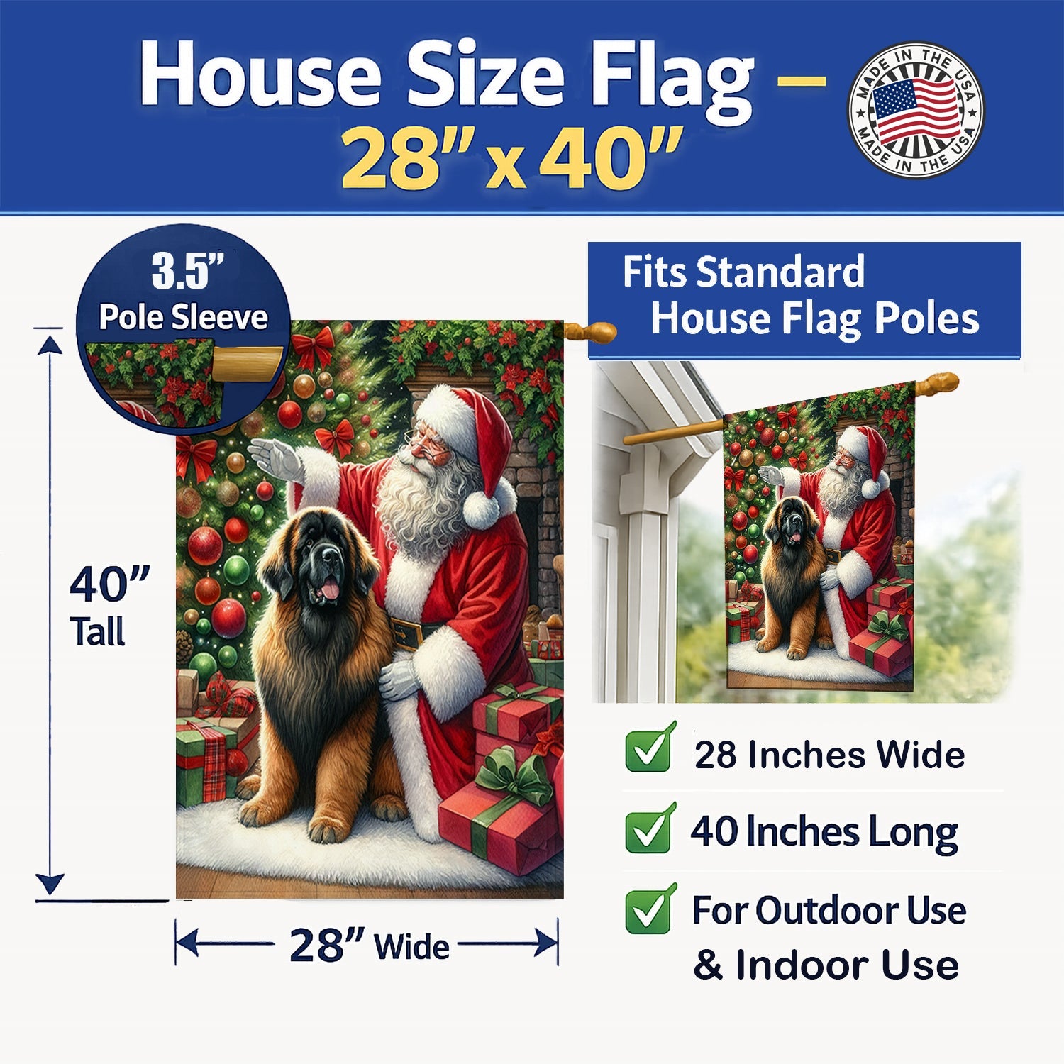 Leonberger and Santa Claus House Flag 28x40 Porch Sleeve Pole Decorative Outside Yard Banner Artwork Wall Hanging, Polyester