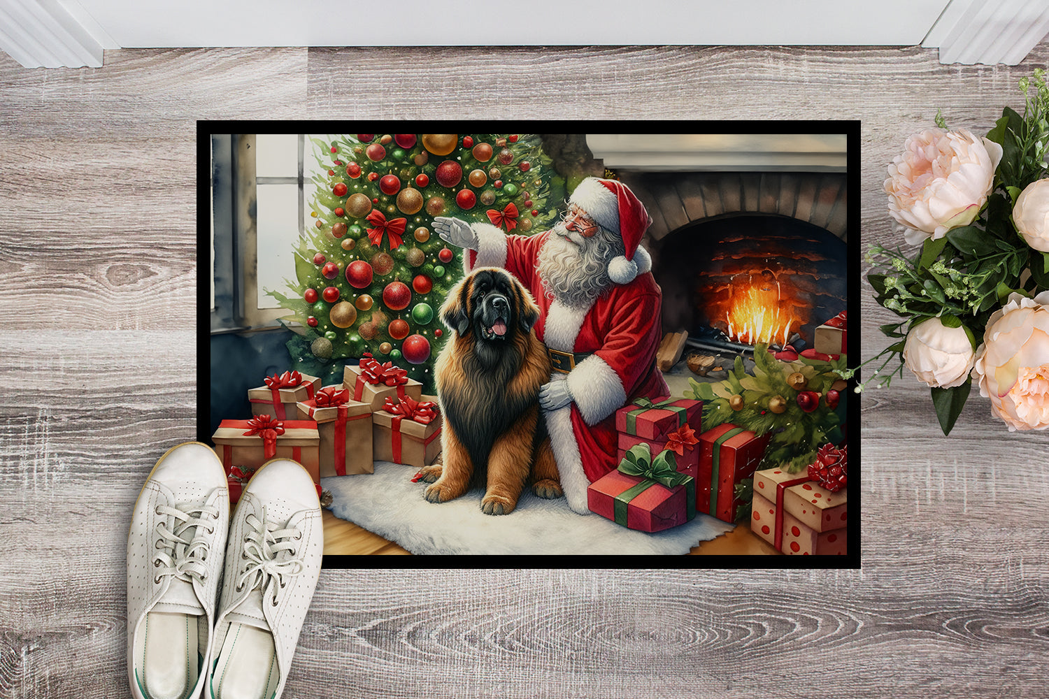 Leonberger and Santa Claus Doormat Indoor Outdoor 24H X 36W Front Door Mat Rugs for Entryway, Non Slip Washable Low Pile,