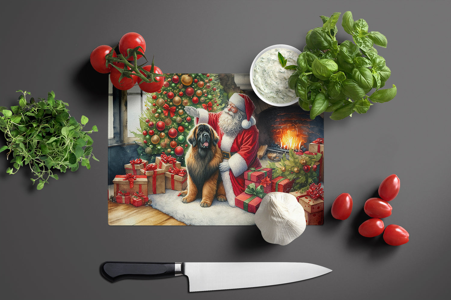 Leonberger and Santa Claus Cutting Board Tempered Glass Kitchen Cutting Surface, Heat Resistant Chopping, Non-Slip Feet, Food Prep & Serving