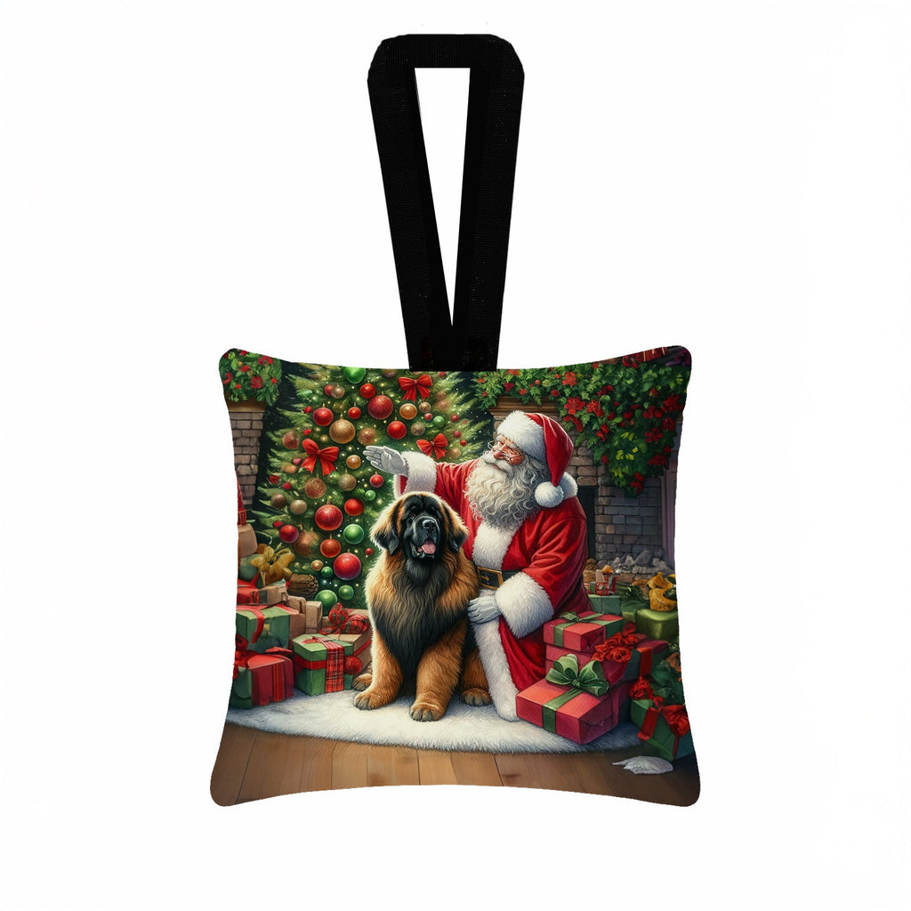 Leonberger and Santa Claus Hanging Square Fabric Ornament 3.5 × 3.5 Decorative Door-Knob & Tree Hanger, Soft Fabric