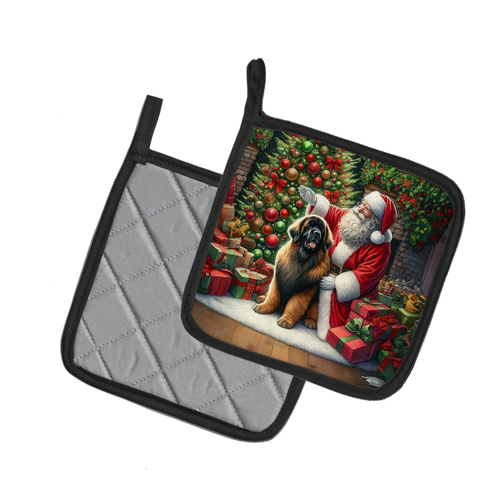 Leonberger and Santa Claus Pot Holder Set of 2 Heat Resistant Quilted Hot Pads 7.5 x 7.5 Inch, Insulated Kitchen Trivets for Cooking & Baking