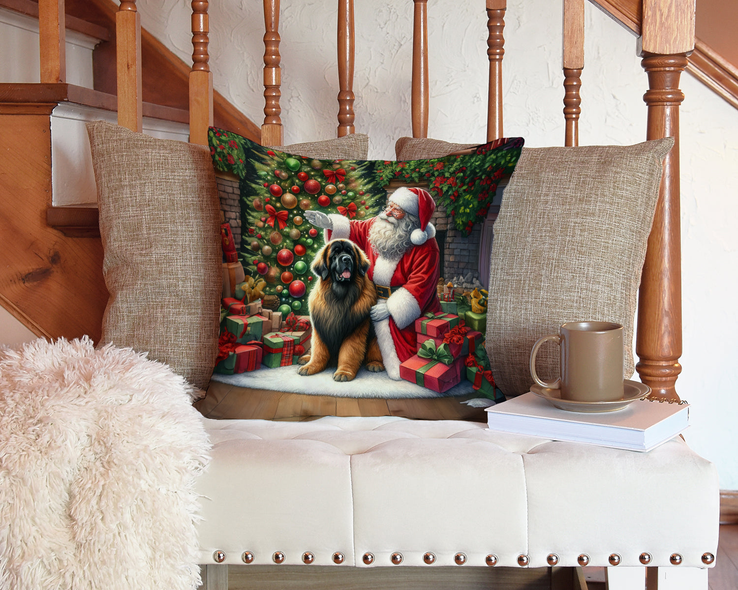 Leonberger and Santa Claus Decorative Throw Pillow 14x14 Indoor Outdoor Accent Cushion, Fabric Cover with Insert for Sofa, Bed, Porch & Living Room