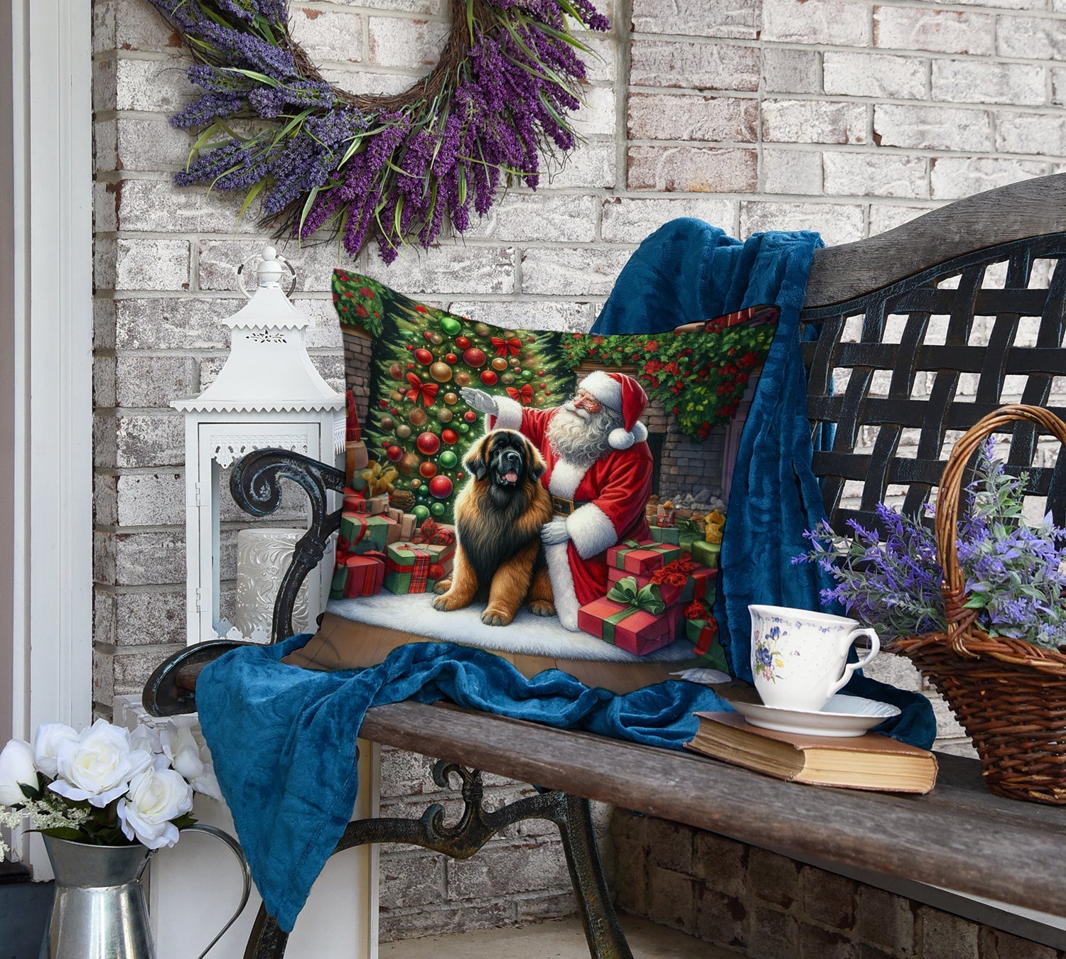 Leonberger and Santa Claus Decorative Throw Pillow 18x18 Indoor Outdoor Accent Cushion, Fabric Cover with Insert for Sofa, Bed, Porch & Living Room