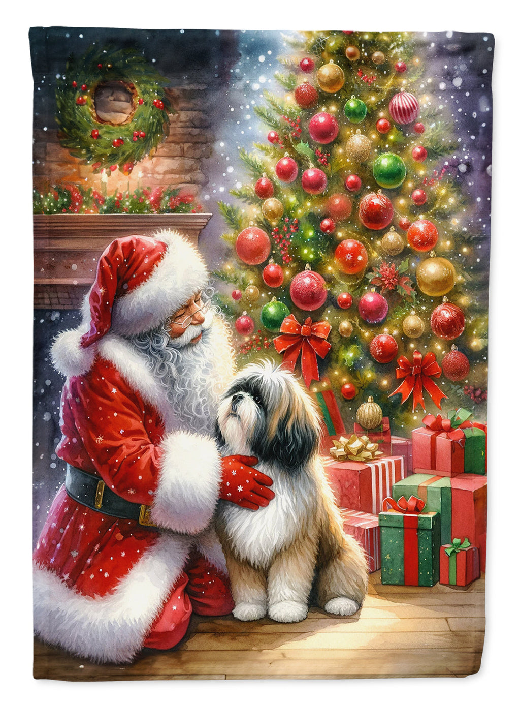 Lhasa Apso and Santa Claus House Flag 28x40 Porch Sleeve Pole Decorative Outside Yard Banner Artwork Wall Hanging, Polyester