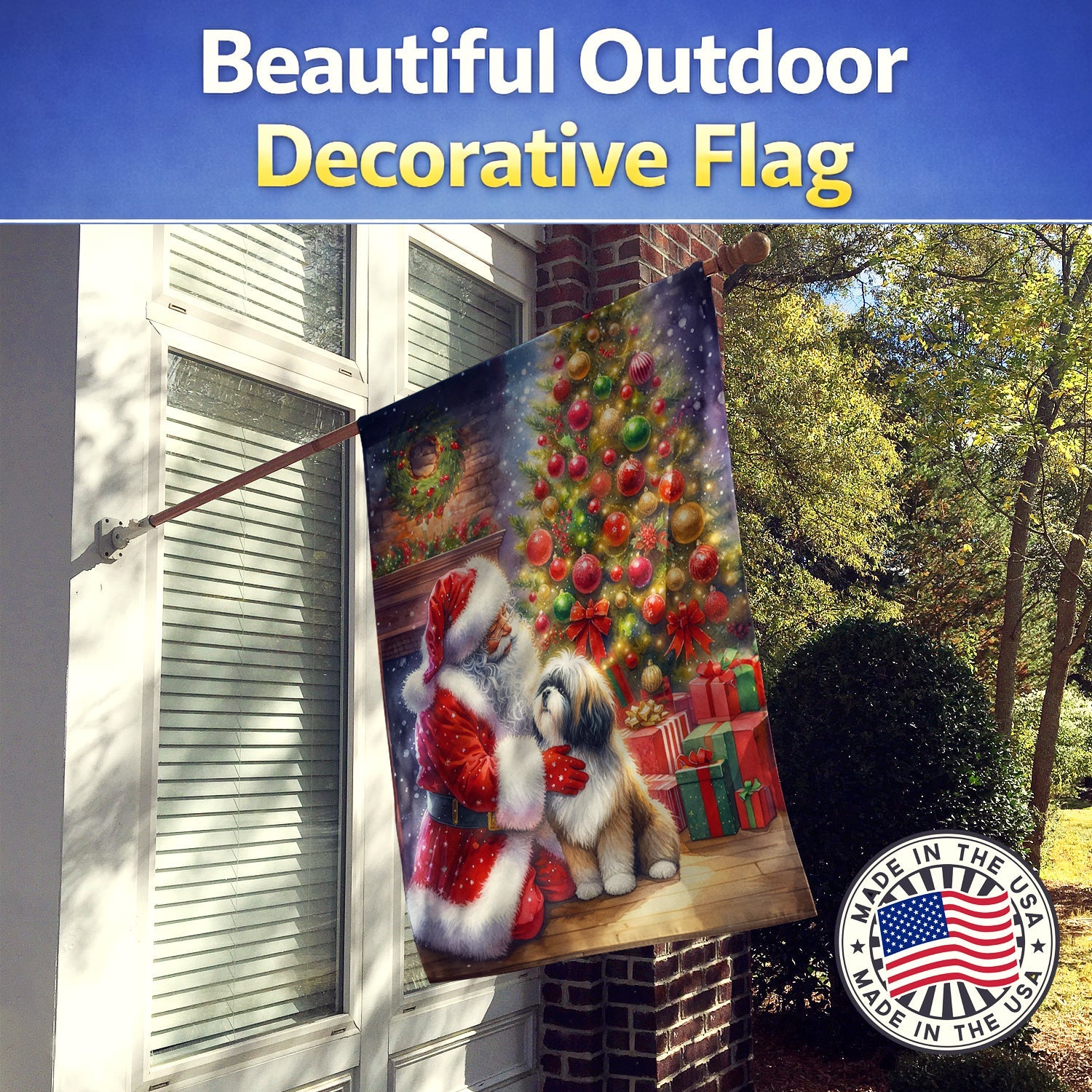 Lhasa Apso and Santa Claus House Flag 28x40 Porch Sleeve Pole Decorative Outside Yard Banner Artwork Wall Hanging, Polyester