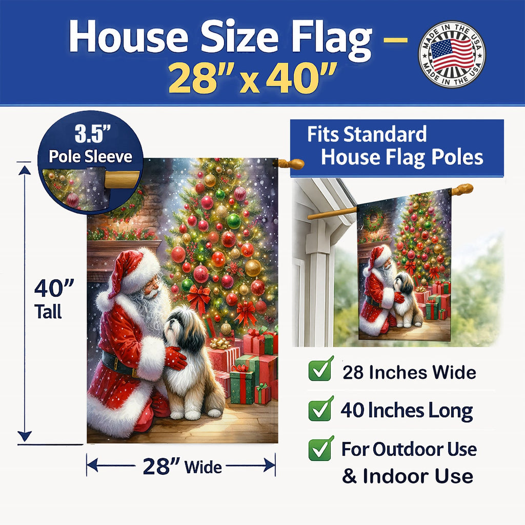 Lhasa Apso and Santa Claus House Flag 28x40 Porch Sleeve Pole Decorative Outside Yard Banner Artwork Wall Hanging, Polyester