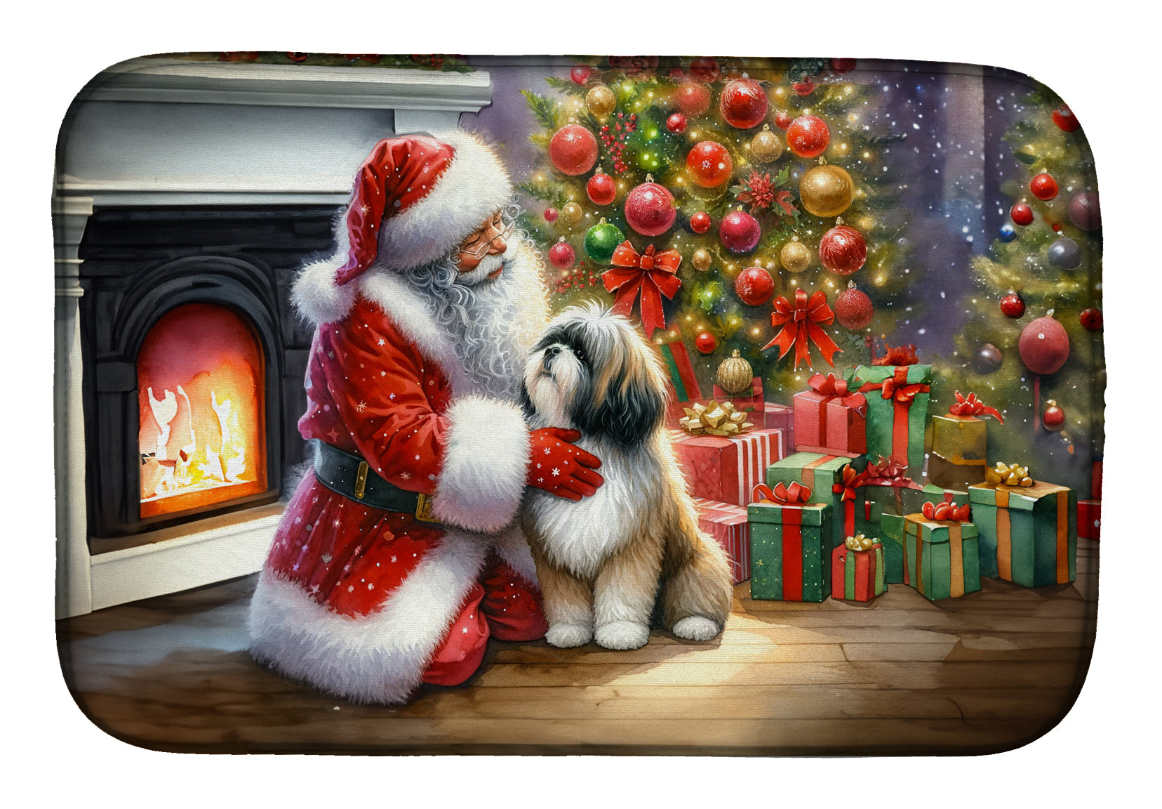 Lhasa Apso and Santa Claus Dish Drying Mat Absorbent Dish Drying Mat Pad for Kitchen Counter Dish Drainer Mat for Countertop, 14 x 21", Multicolor