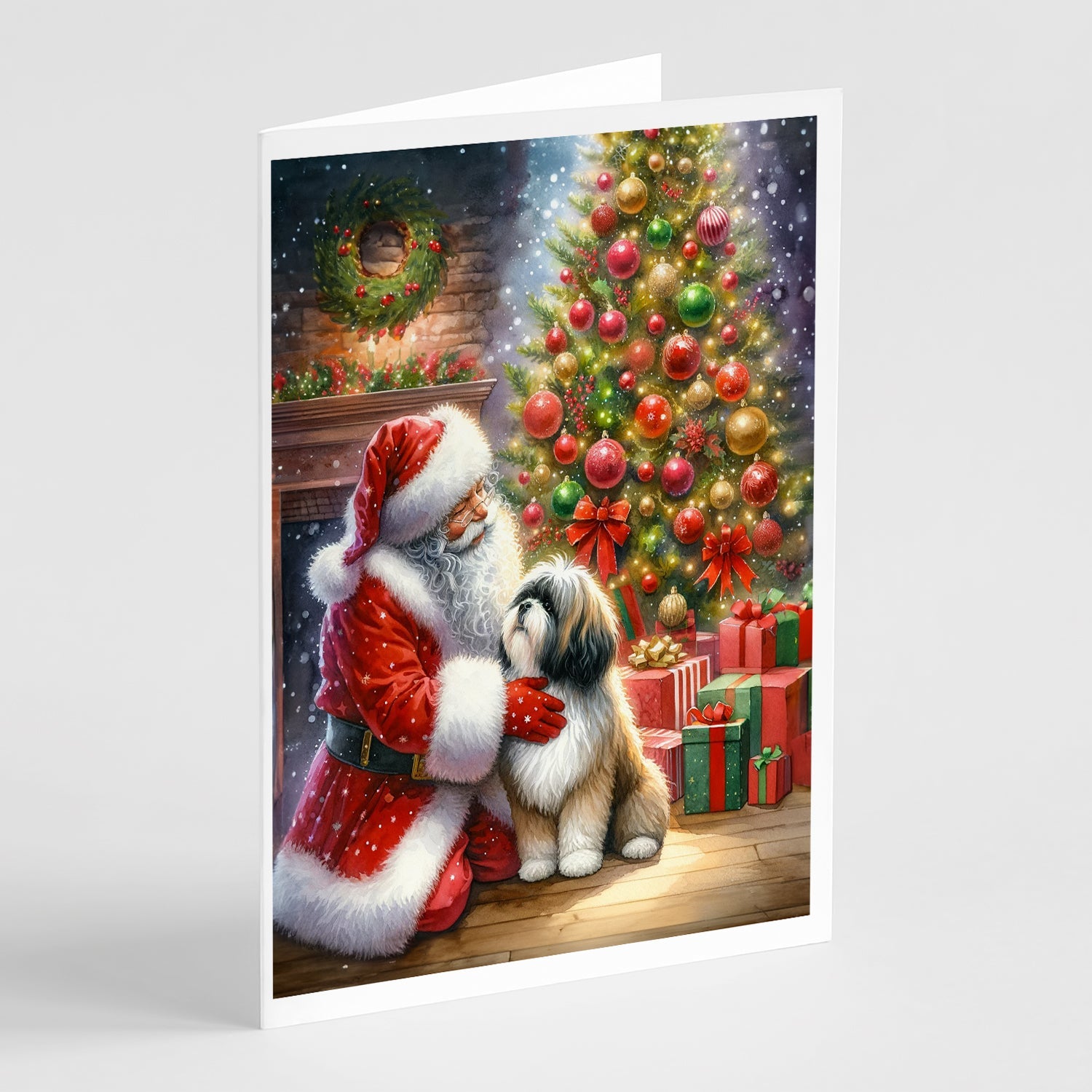 Lhasa Apso and Santa Claus Greeting Cards Pack of 8 Blank Cards with Envelopes Whimsical A7 Size 5x7