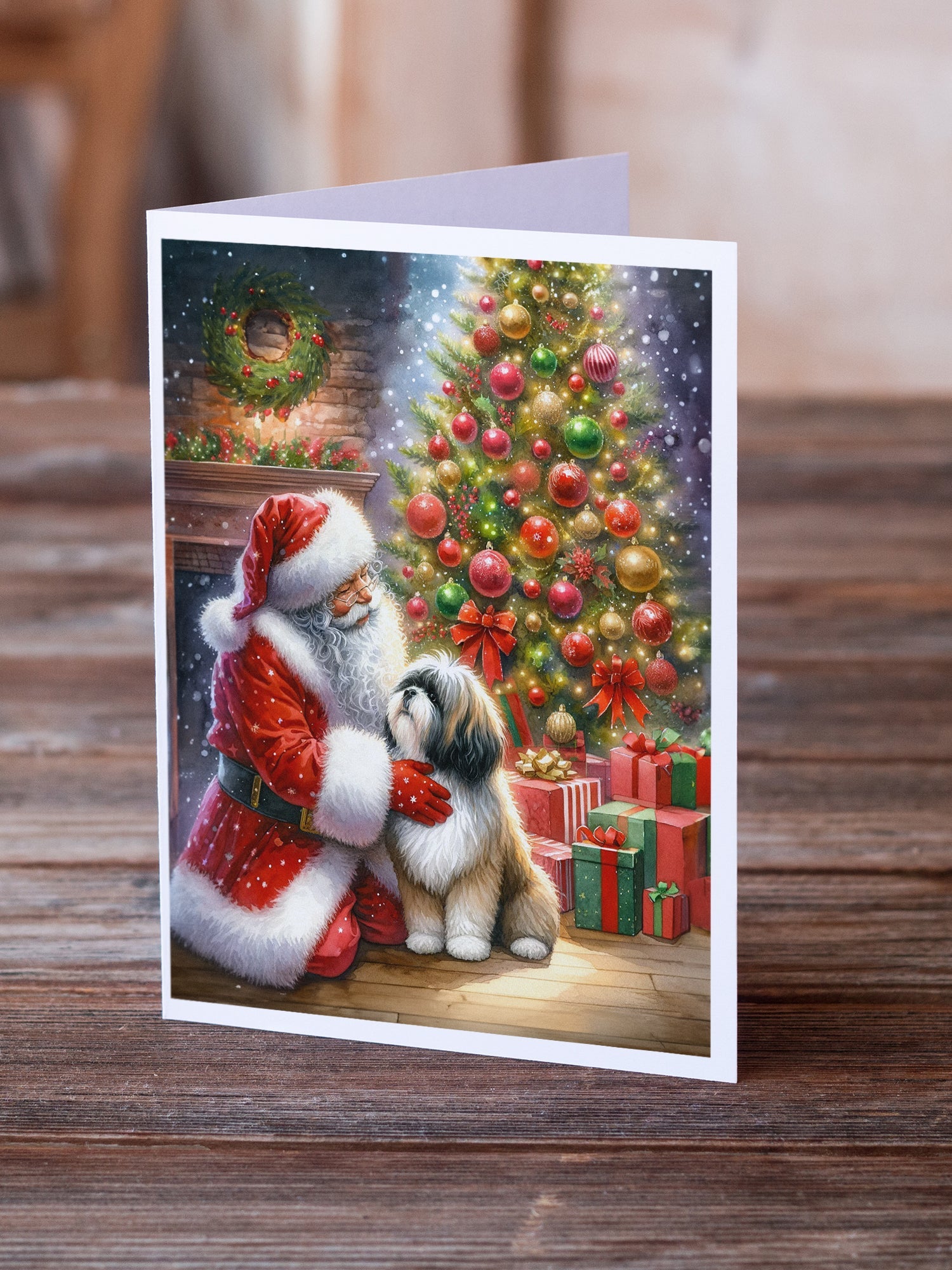 Lhasa Apso and Santa Claus Greeting Cards Pack of 8 Blank Cards with Envelopes Whimsical A7 Size 5x7