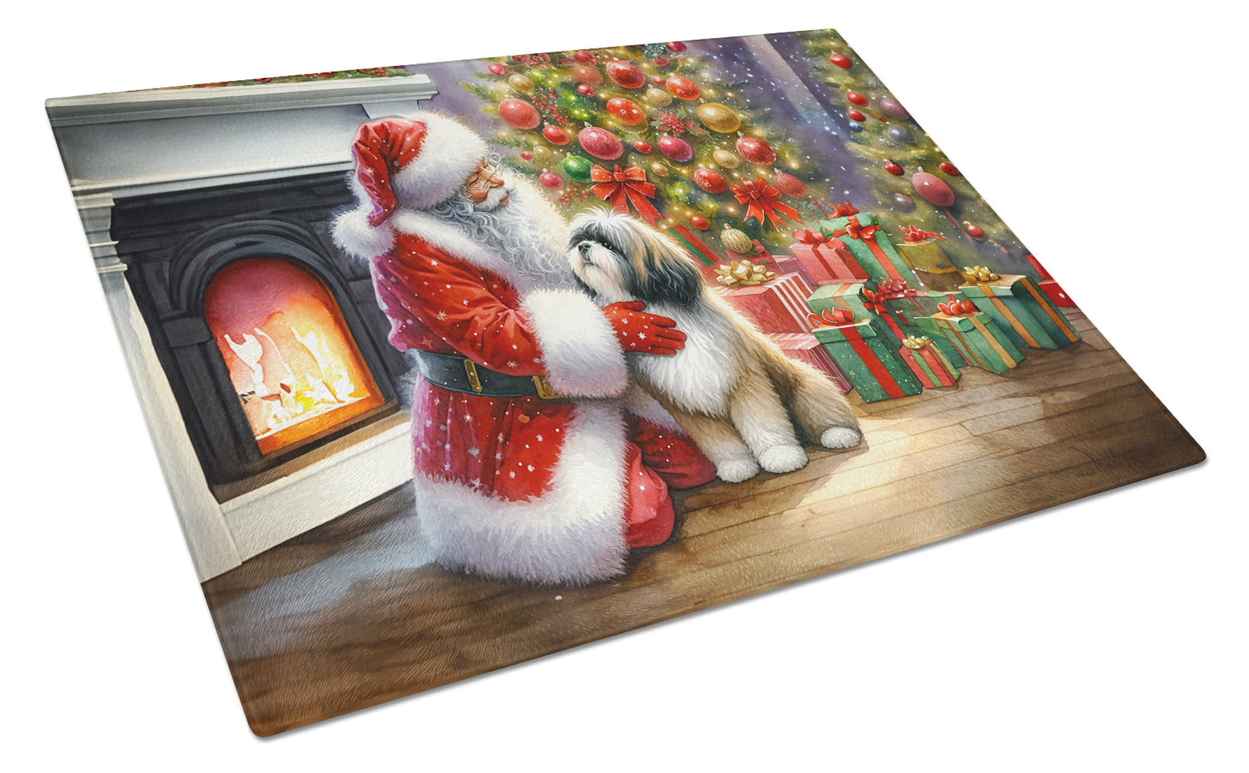 Lhasa Apso and Santa Claus Cutting Board Tempered Glass Kitchen Cutting Surface, Heat Resistant Chopping, Non-Slip Feet, Food Prep & Serving