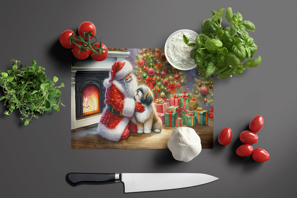 Lhasa Apso and Santa Claus Cutting Board Tempered Glass Kitchen Cutting Surface, Heat Resistant Chopping, Non-Slip Feet, Food Prep & Serving