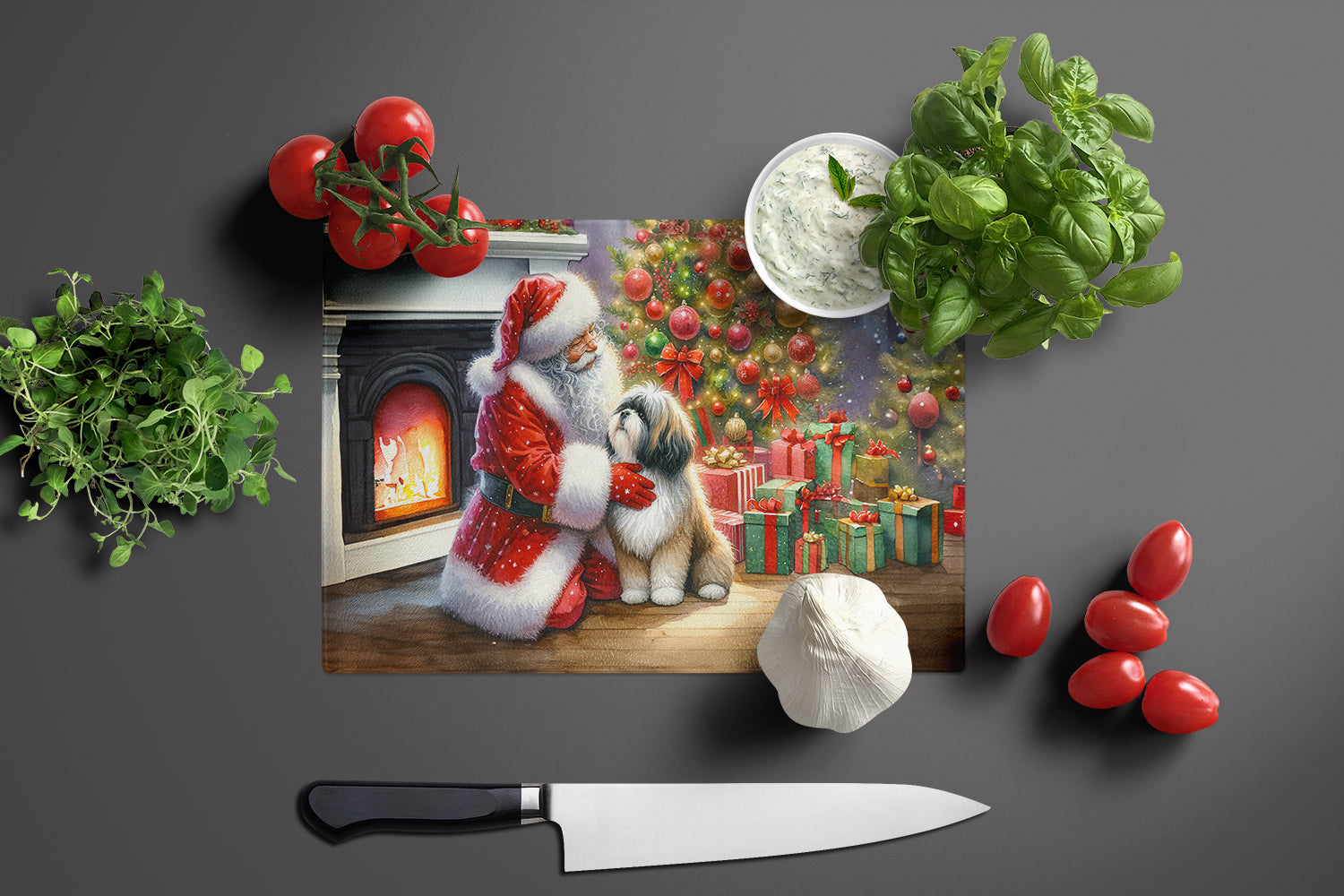 Lhasa Apso and Santa Claus Cutting Board Tempered Glass Kitchen Cutting Surface, Heat Resistant Chopping, Non-Slip Feet, Food Prep & Serving