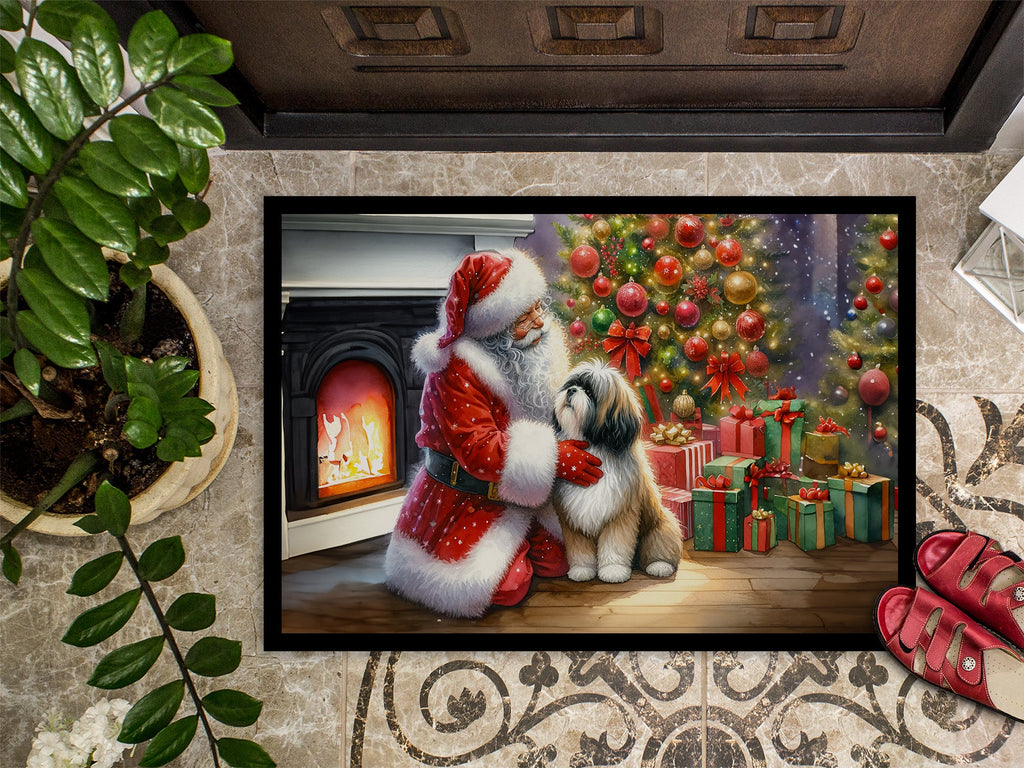 Lhasa Apso and Santa Claus Doormat Indoor Outdoor 18H X 27W Front Door Mat Rugs for Entryway, Non Slip Washable