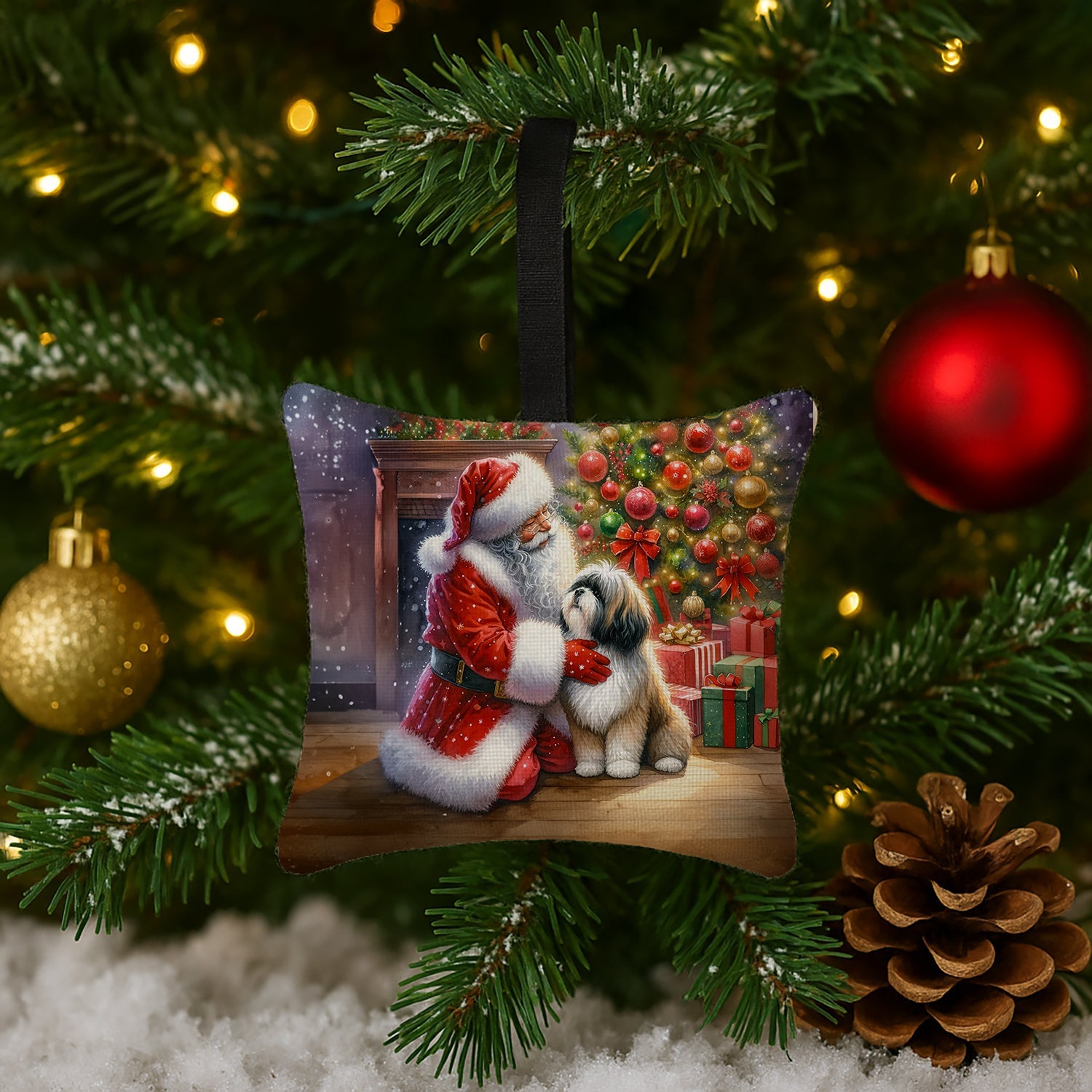 Lhasa Apso and Santa Claus Hanging Square Fabric Ornament 3.5 × 3.5 Decorative Door-Knob & Tree Hanger, Soft Fabric