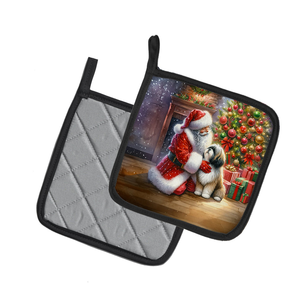 Lhasa Apso and Santa Claus Pot Holder Set of 2 Heat Resistant Quilted Hot Pads 7.5 x 7.5 Inch, Insulated Kitchen Trivets for Cooking & Baking