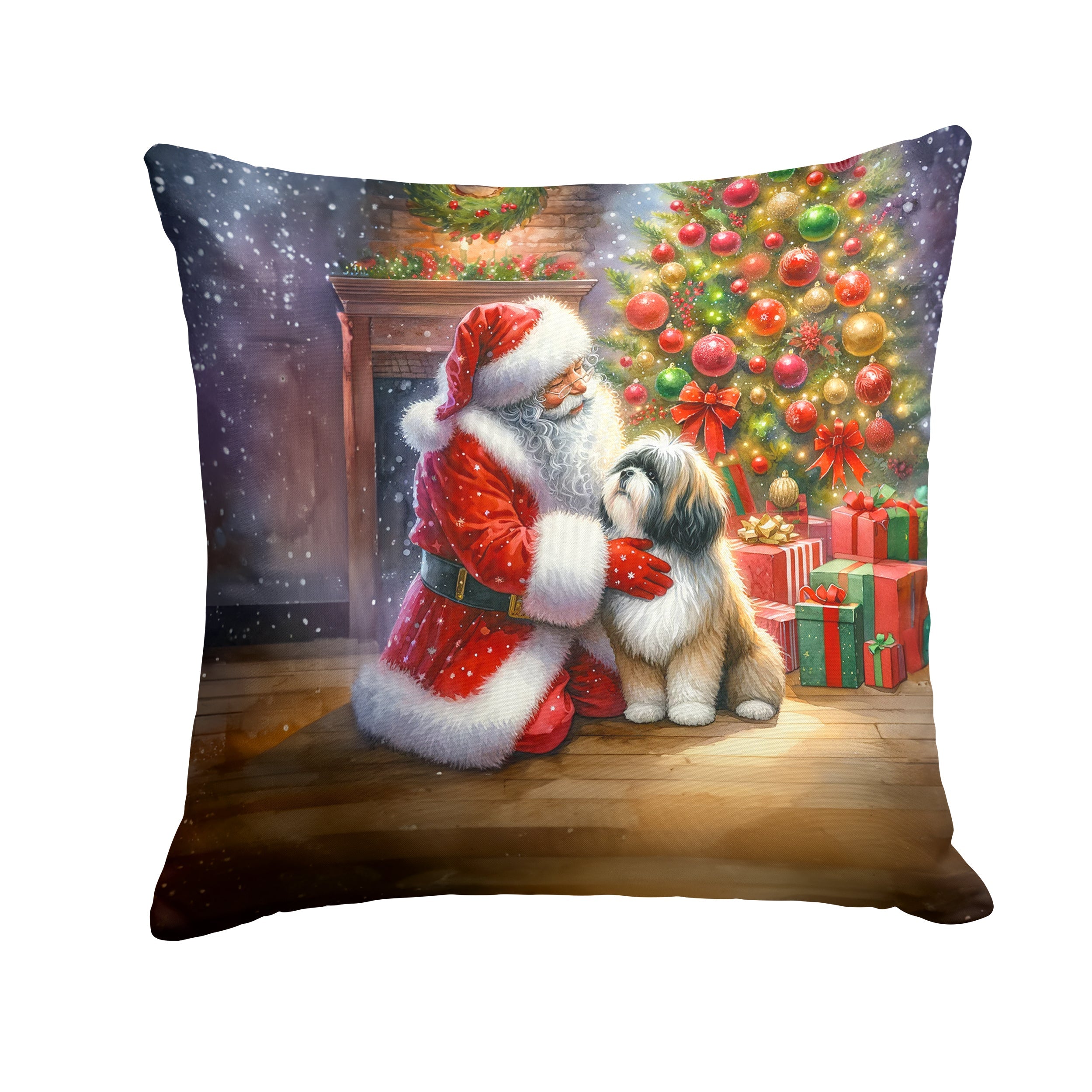 Lhasa Apso and Santa Claus Decorative Throw Pillow 14x14 Indoor Outdoor Accent Cushion, Fabric Cover with Insert for Sofa, Bed, Porch & Living Room