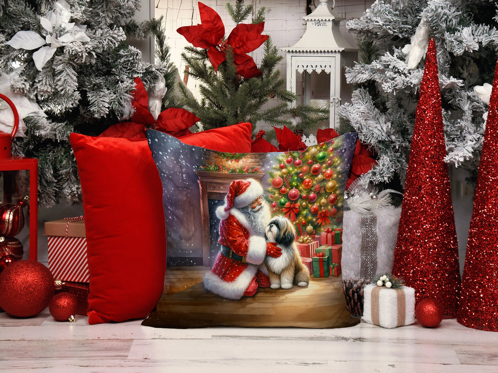 Lhasa Apso and Santa Claus Decorative Throw Pillow 14x14 Indoor Outdoor Accent Cushion, Fabric Cover with Insert for Sofa, Bed, Porch & Living Room