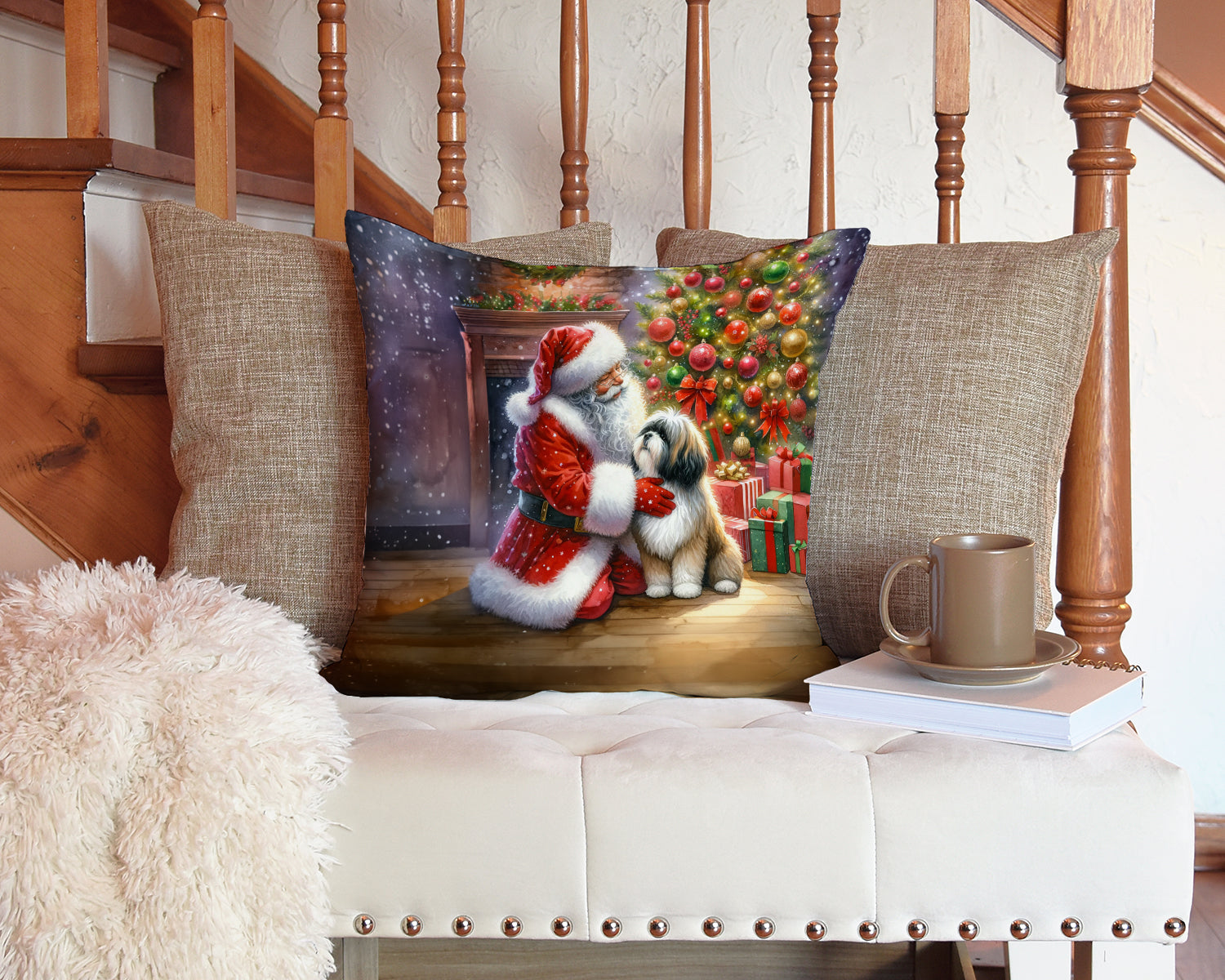 Lhasa Apso and Santa Claus Decorative Throw Pillow 14x14 Indoor Outdoor Accent Cushion, Fabric Cover with Insert for Sofa, Bed, Porch & Living Room