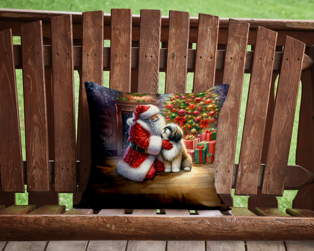 Lhasa Apso and Santa Claus Decorative Throw Pillow 14x14 Indoor Outdoor Accent Cushion, Fabric Cover with Insert for Sofa, Bed, Porch & Living Room
