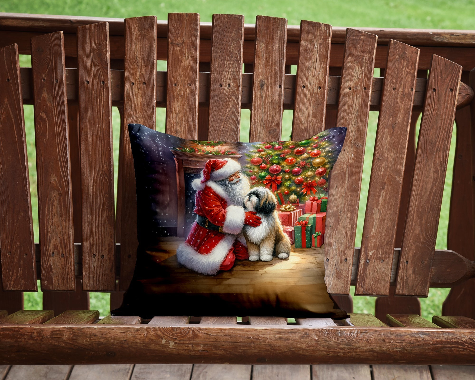 Lhasa Apso and Santa Claus Decorative Throw Pillow 14x14 Indoor Outdoor Accent Cushion, Fabric Cover with Insert for Sofa, Bed, Porch & Living Room