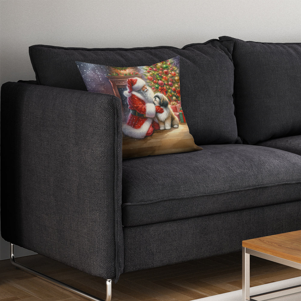 Lhasa Apso and Santa Claus Decorative Throw Pillow 14x14 Indoor Outdoor Accent Cushion, Fabric Cover with Insert for Sofa, Bed, Porch & Living Room