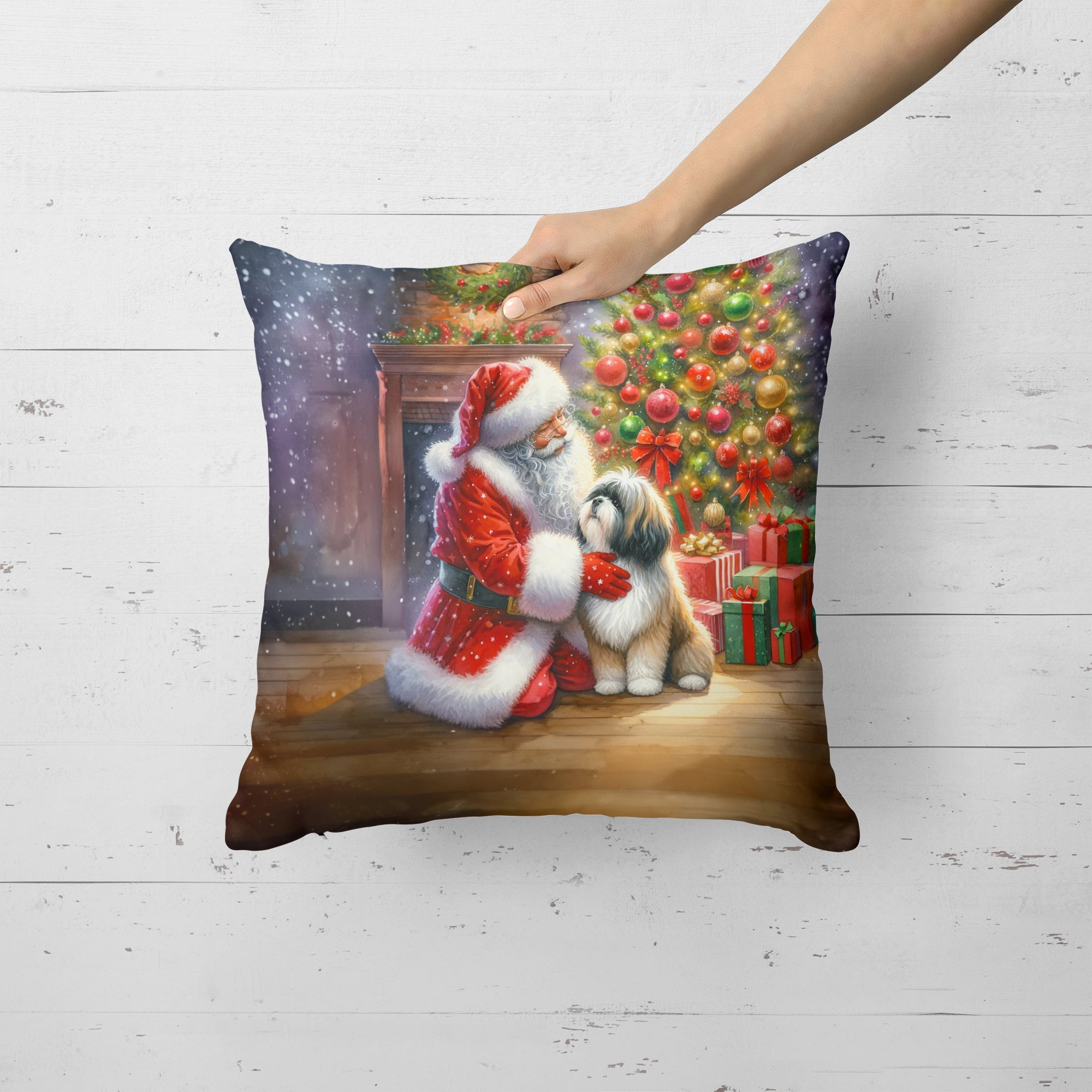 Lhasa Apso and Santa Claus Decorative Throw Pillow 18x18 Indoor Outdoor Accent Cushion, Fabric Cover with Insert for Sofa, Bed, Porch & Living Room