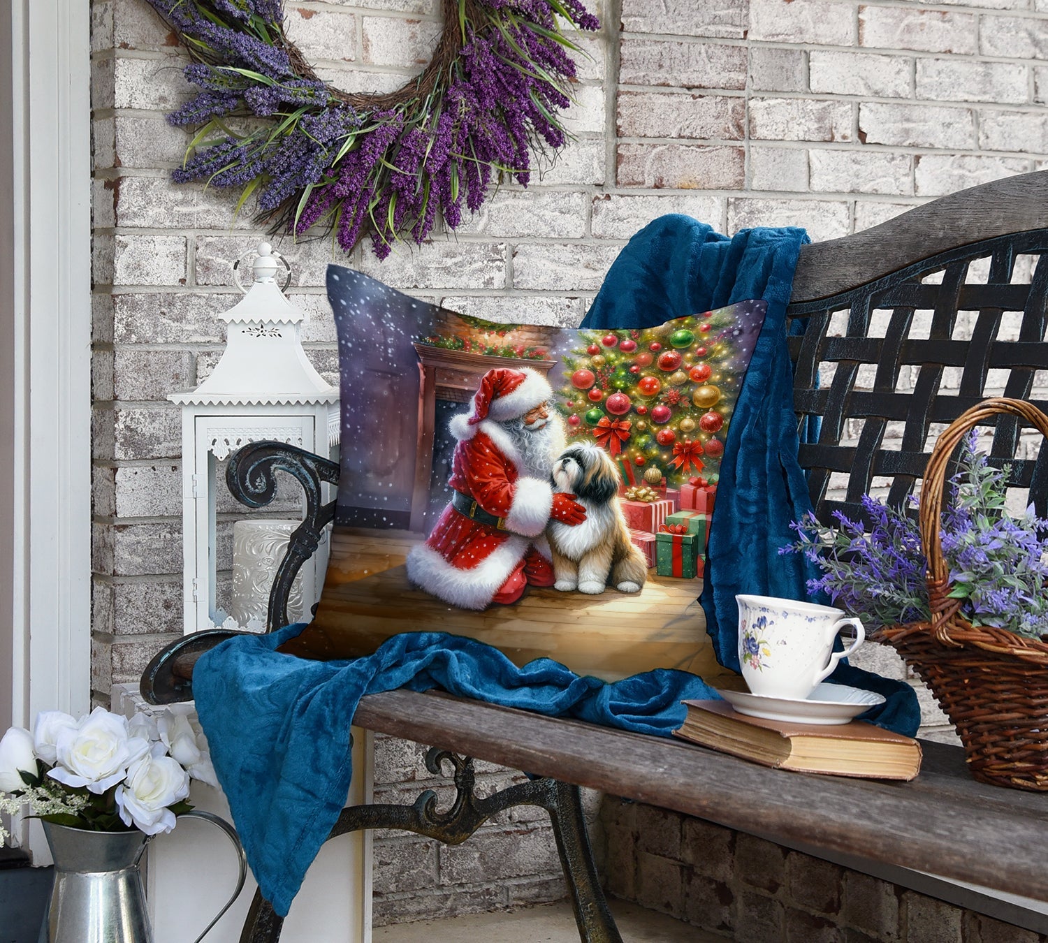 Lhasa Apso and Santa Claus Decorative Throw Pillow 18x18 Indoor Outdoor Accent Cushion, Fabric Cover with Insert for Sofa, Bed, Porch & Living Room
