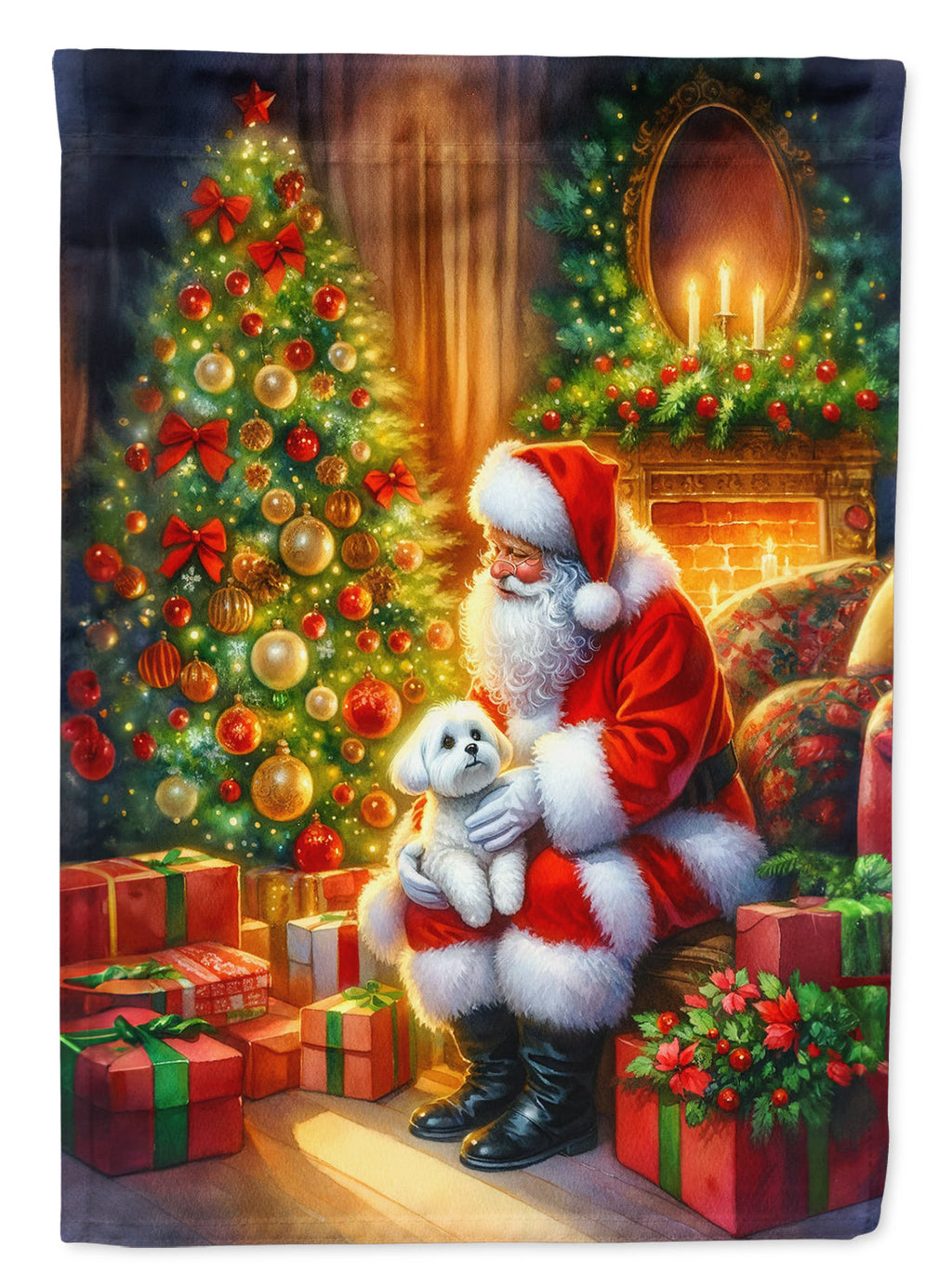 Maltese and Santa Claus House Flag 28x40 Porch Sleeve Pole Decorative Outside Yard Banner Artwork Wall Hanging, Polyester