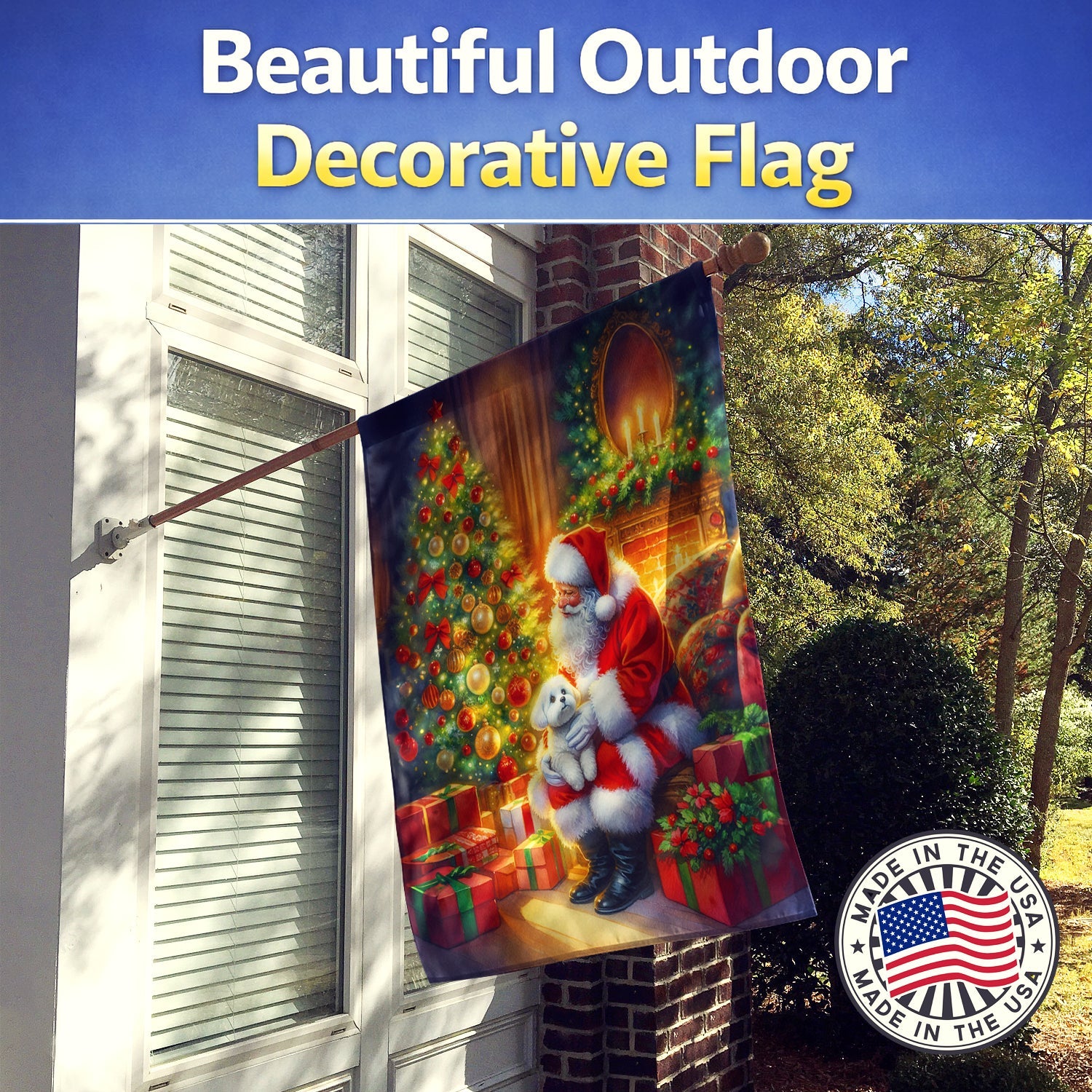 Maltese and Santa Claus House Flag 28x40 Porch Sleeve Pole Decorative Outside Yard Banner Artwork Wall Hanging, Polyester