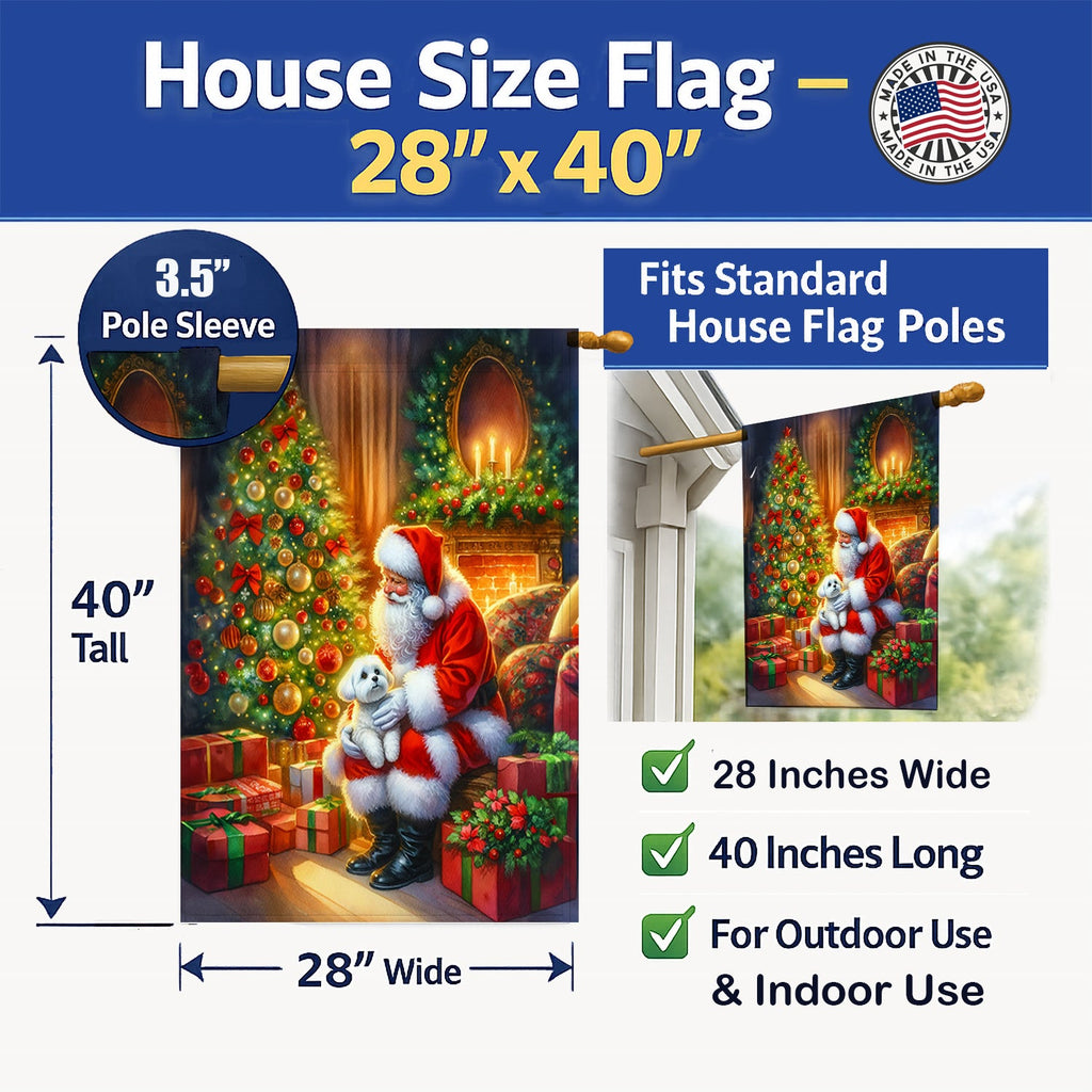 Maltese and Santa Claus House Flag 28x40 Porch Sleeve Pole Decorative Outside Yard Banner Artwork Wall Hanging, Polyester