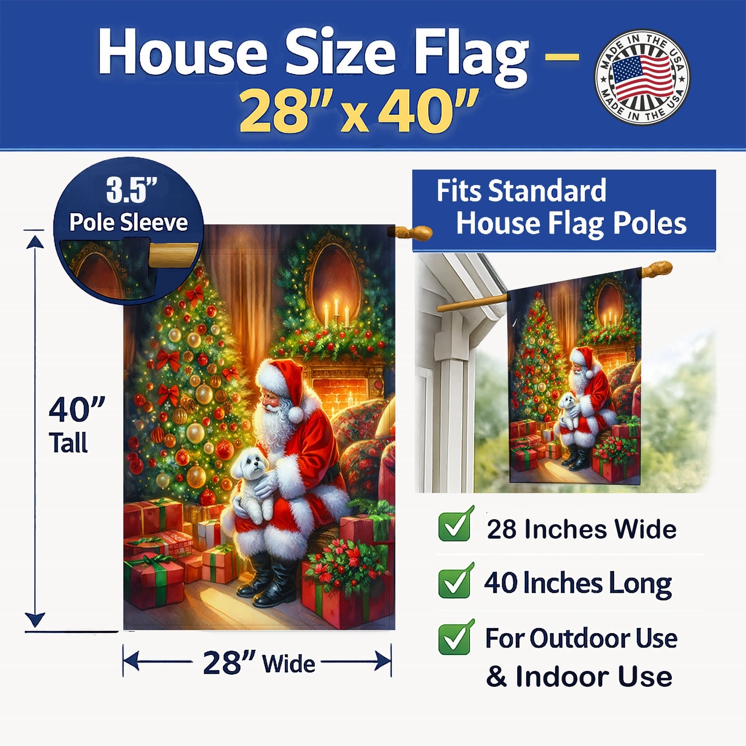 Maltese and Santa Claus House Flag 28x40 Porch Sleeve Pole Decorative Outside Yard Banner Artwork Wall Hanging, Polyester