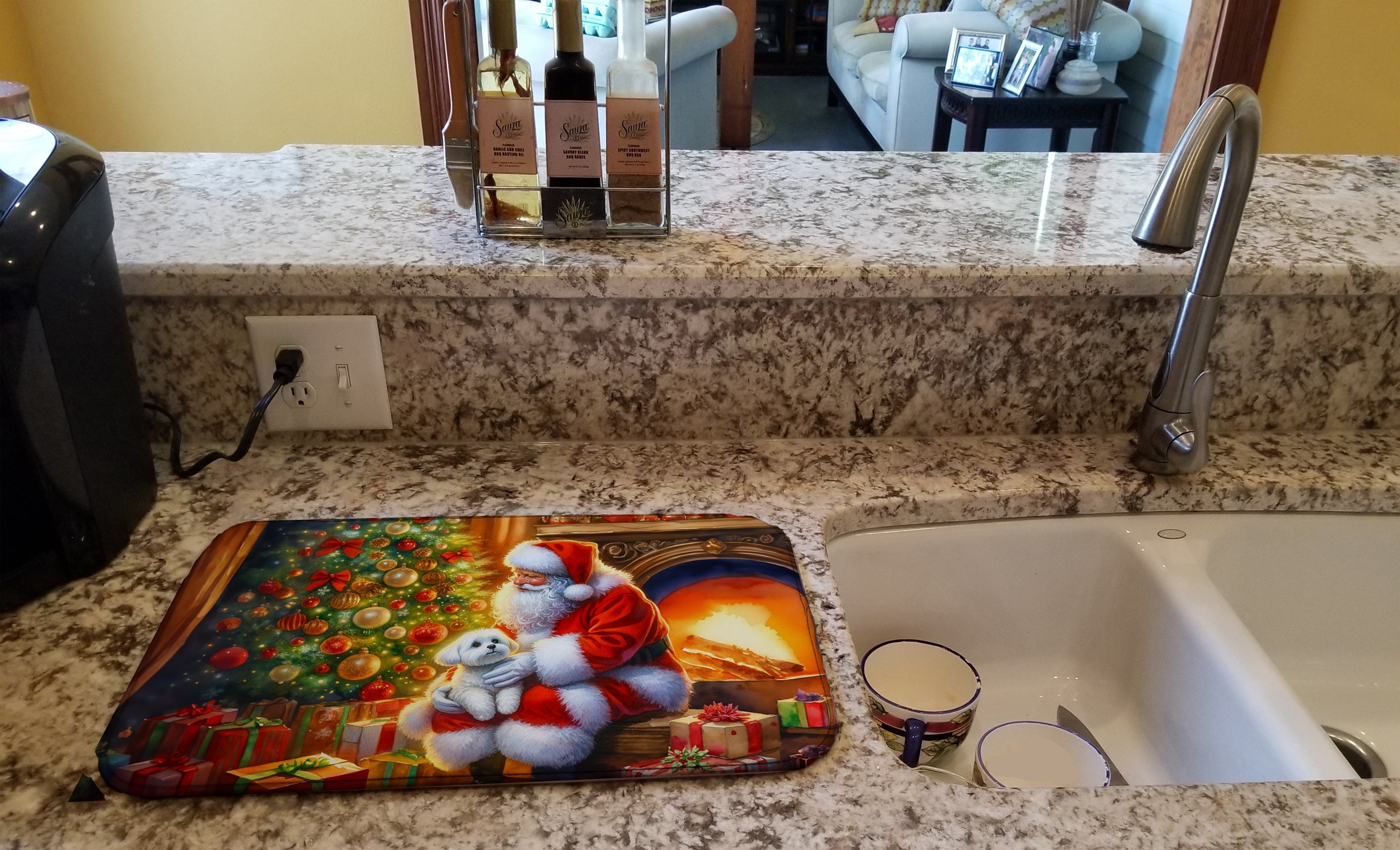 Maltese and Santa Claus Dish Drying Mat Absorbent Dish Drying Mat Pad for Kitchen Counter Dish Drainer Mat for Countertop, 14 x 21", Multicolor