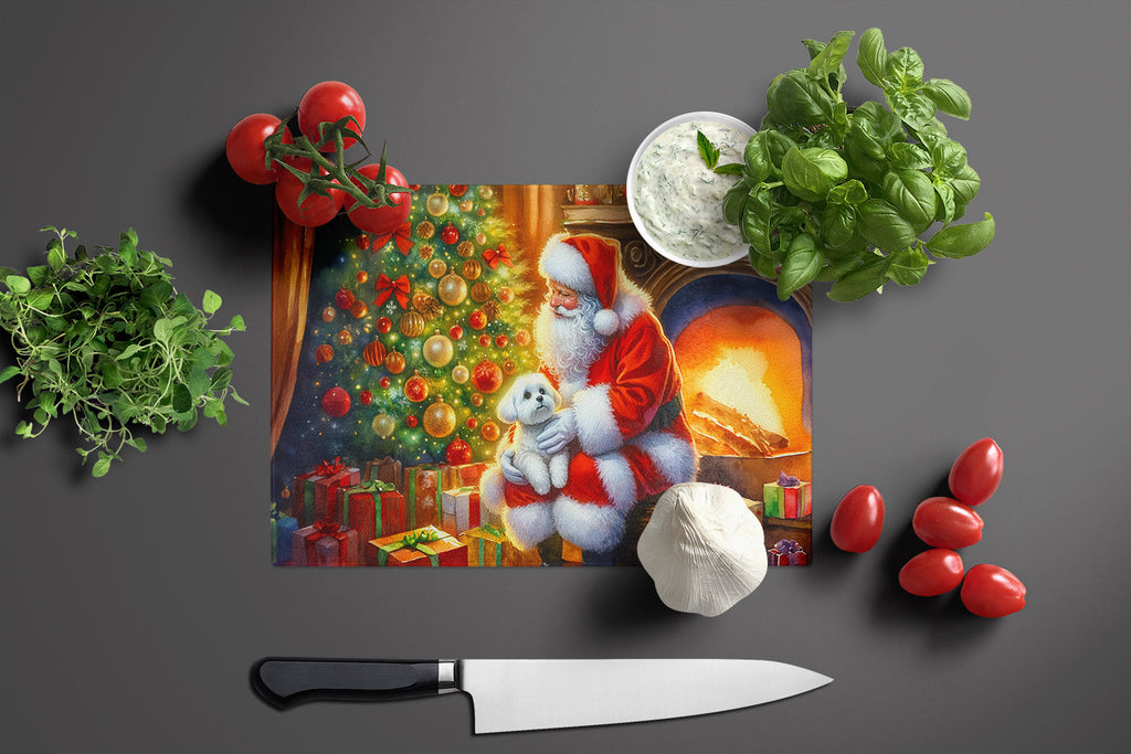 Maltese and Santa Claus Cutting Board Tempered Glass Kitchen Cutting Surface, Heat Resistant Chopping, Non-Slip Feet, Food Prep & Serving