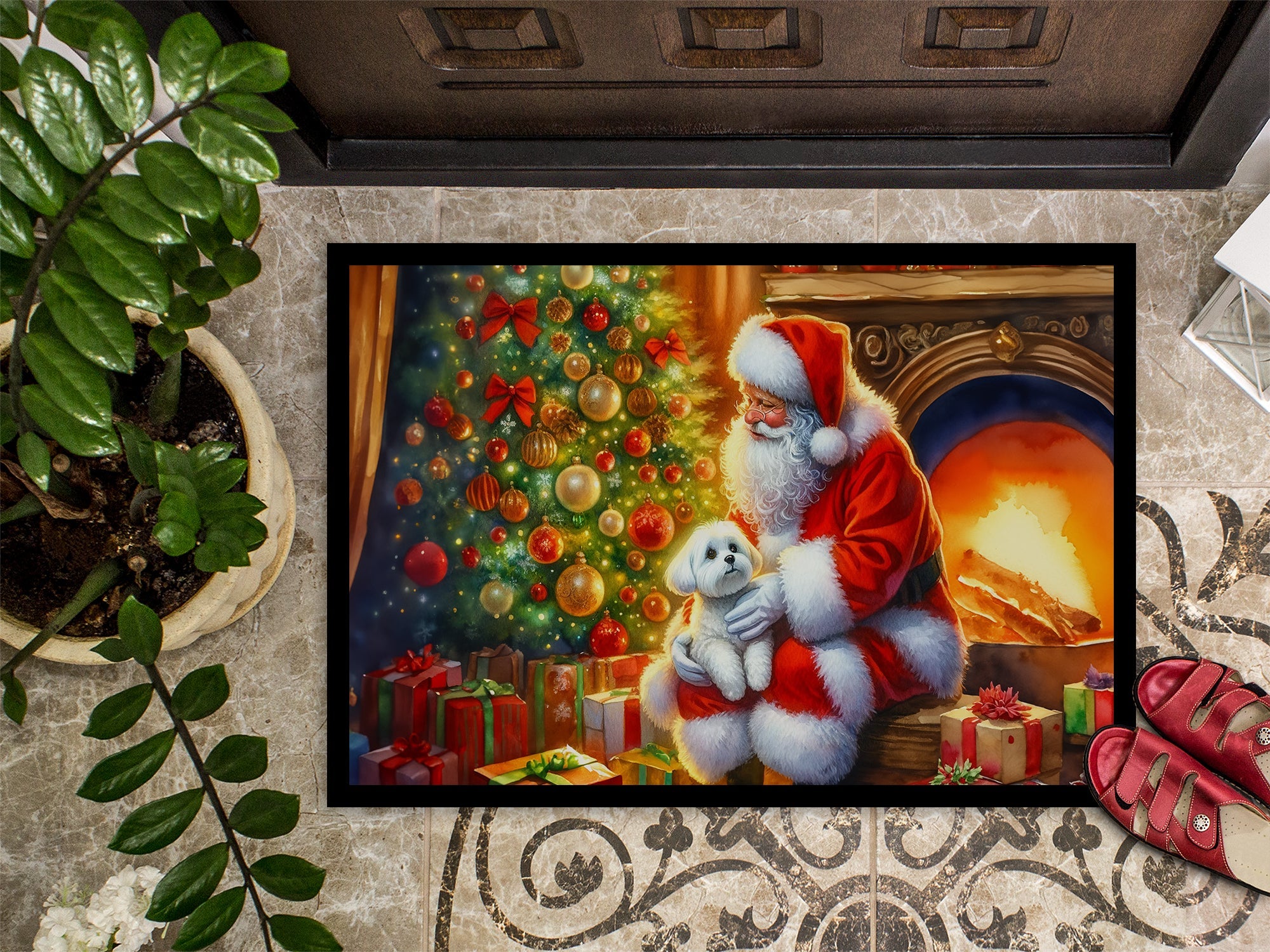 Maltese and Santa Claus Doormat Indoor Outdoor 18H X 27W Front Door Mat Rugs for Entryway, Non Slip Washable
