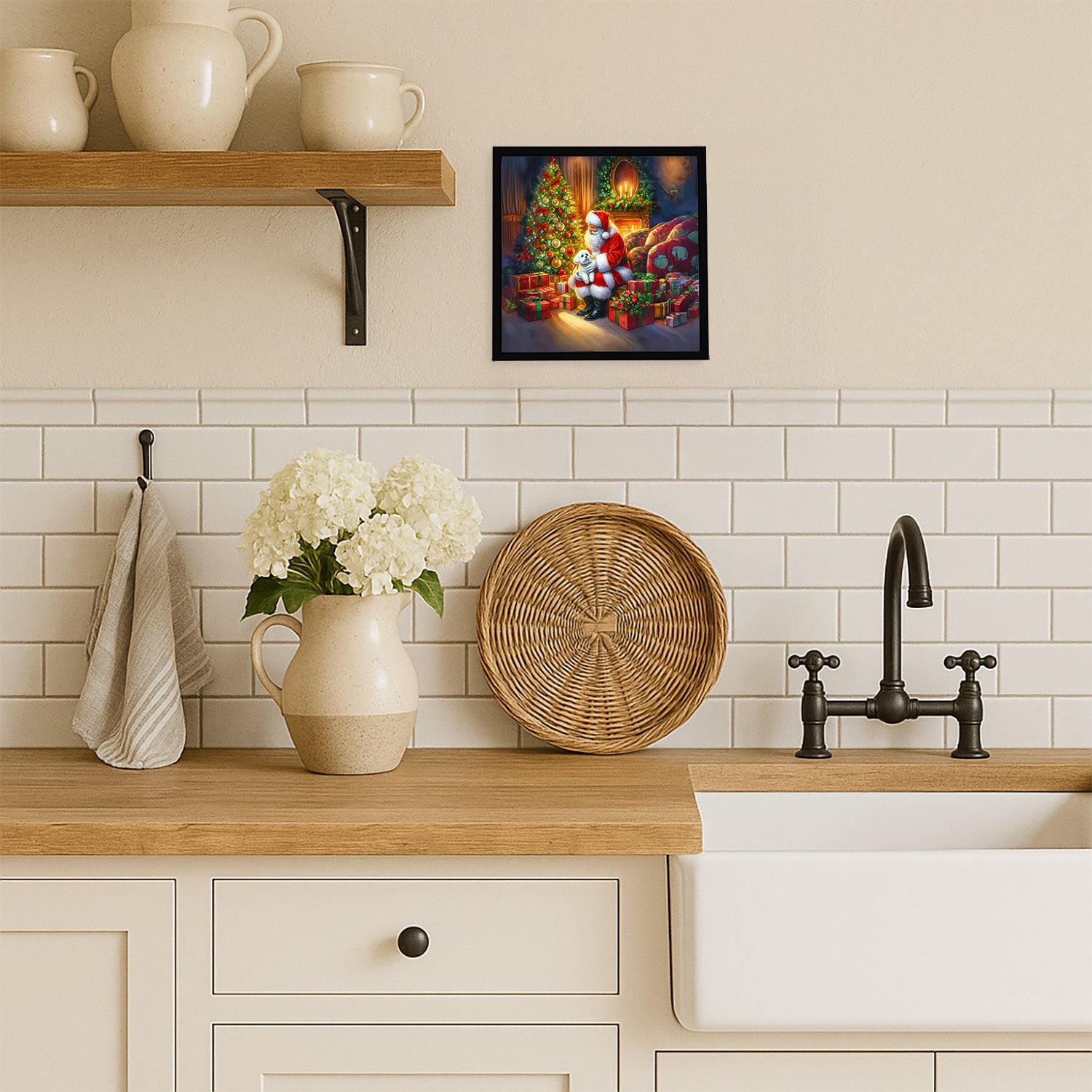 Maltese and Santa Claus Framed Metal Print Bathroom, Kitchen, Office, Home Decor Wall Art Ready to Hang, Square, 8X8