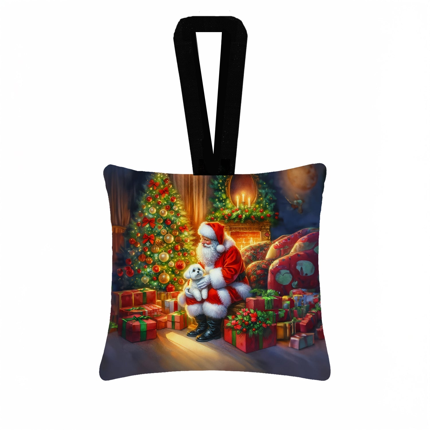 Maltese and Santa Claus Hanging Square Fabric Ornament 3.5 × 3.5 Decorative Door-Knob & Tree Hanger, Soft Fabric