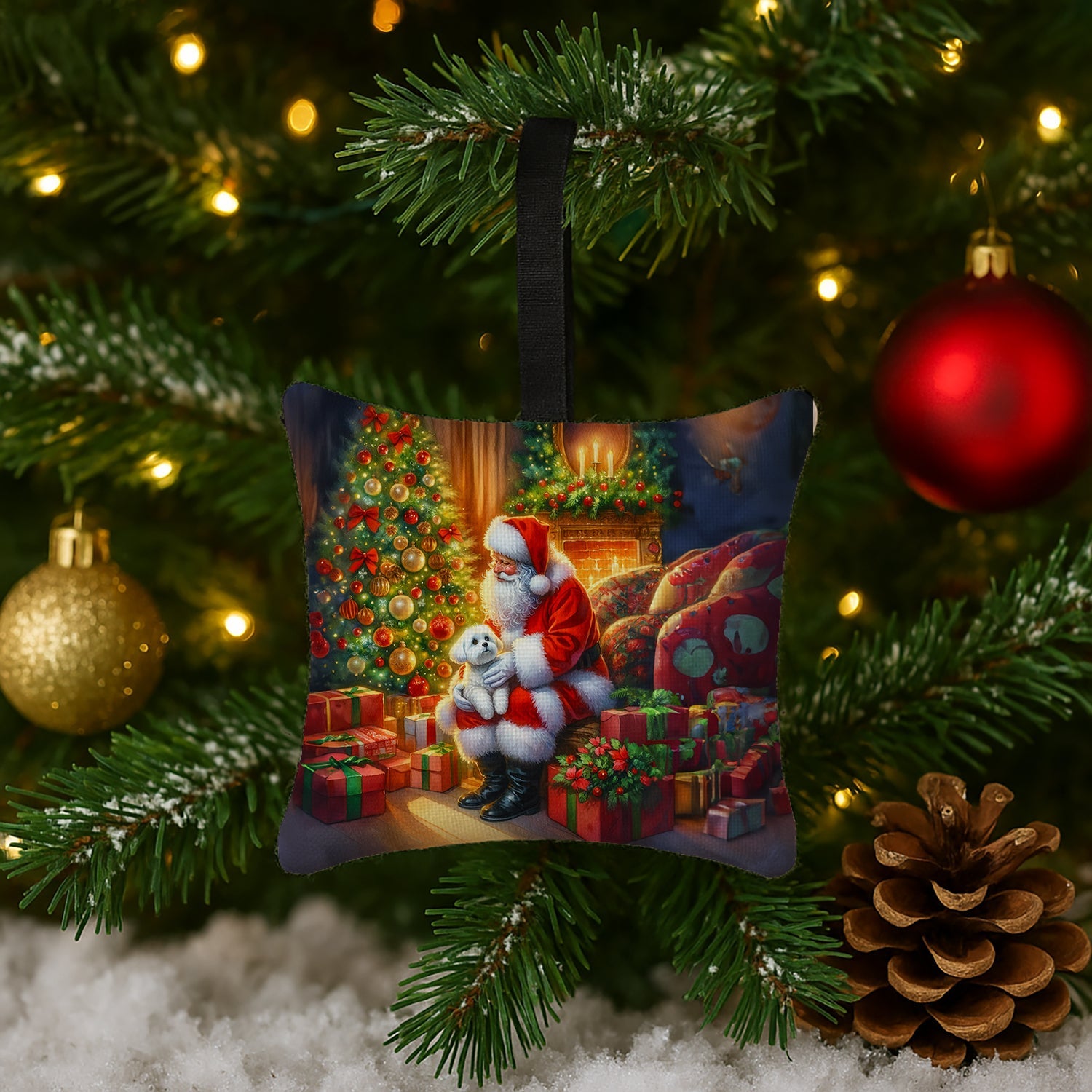 Maltese and Santa Claus Hanging Square Fabric Ornament 3.5 × 3.5 Decorative Door-Knob & Tree Hanger, Soft Fabric