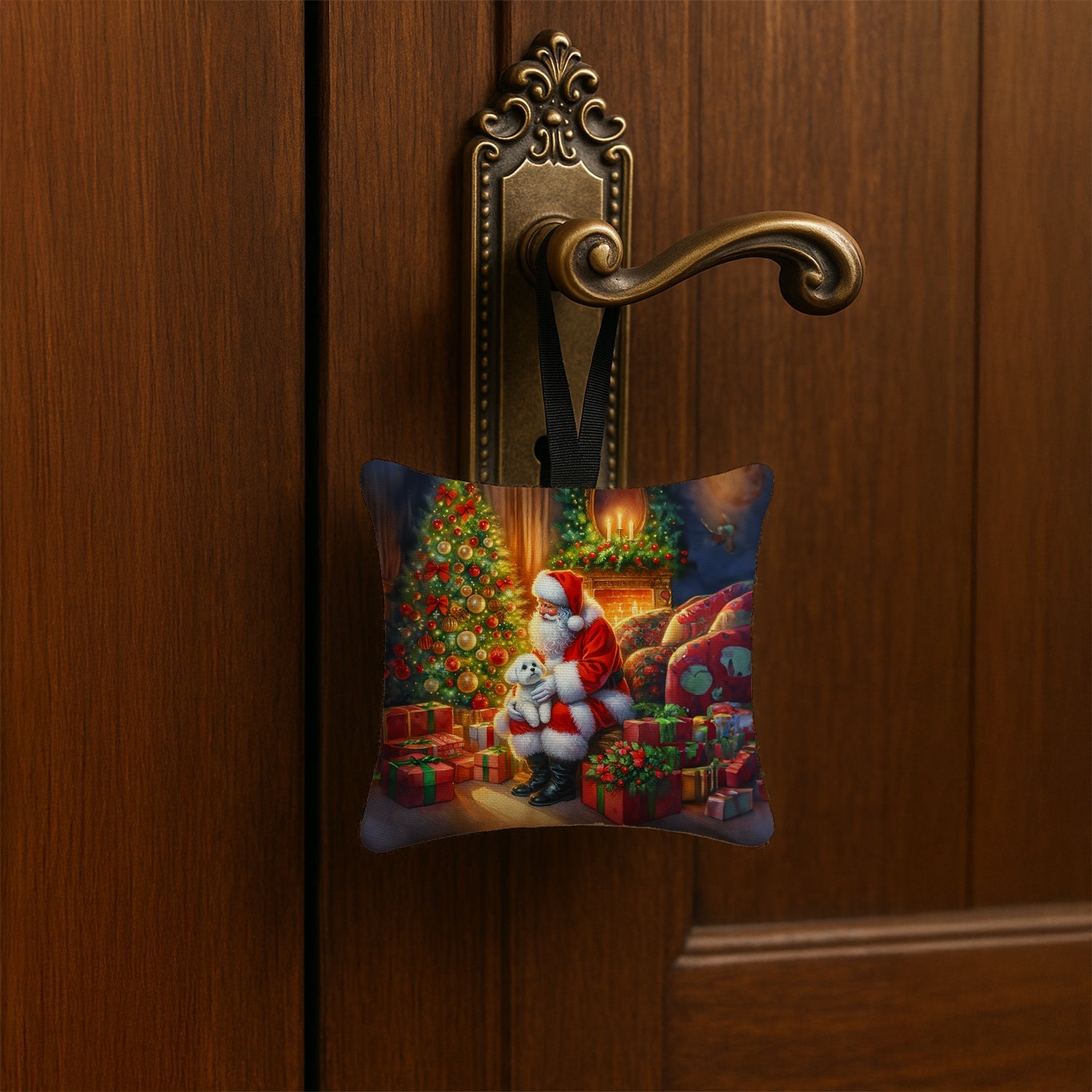 Maltese and Santa Claus Hanging Square Fabric Ornament 3.5 × 3.5 Decorative Door-Knob & Tree Hanger, Soft Fabric