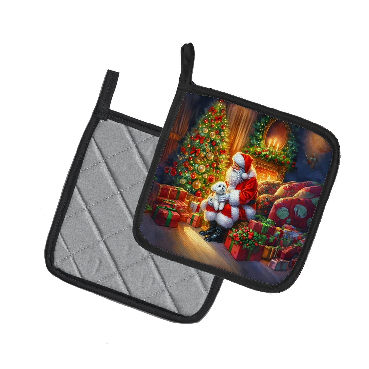Maltese and Santa Claus Pot Holder Set of 2 Heat Resistant Quilted Hot Pads 7.5 x 7.5 Inch, Insulated Kitchen Trivets for Cooking & Baking