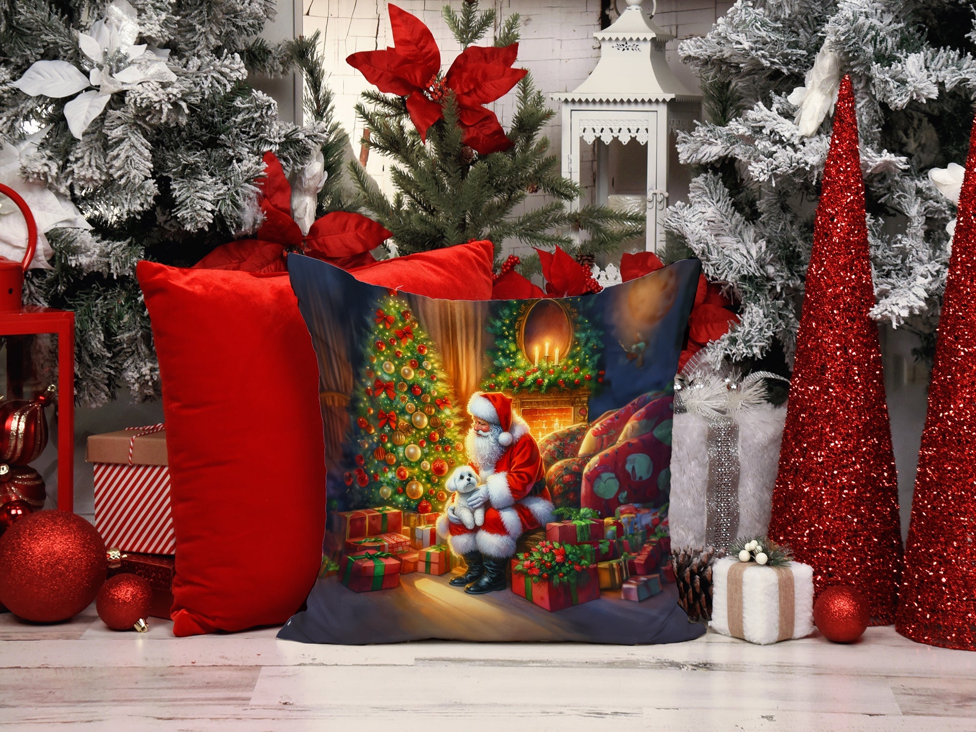 Maltese and Santa Claus Decorative Throw Pillow 14x14 Indoor Outdoor Accent Cushion, Fabric Cover with Insert for Sofa, Bed, Porch & Living Room