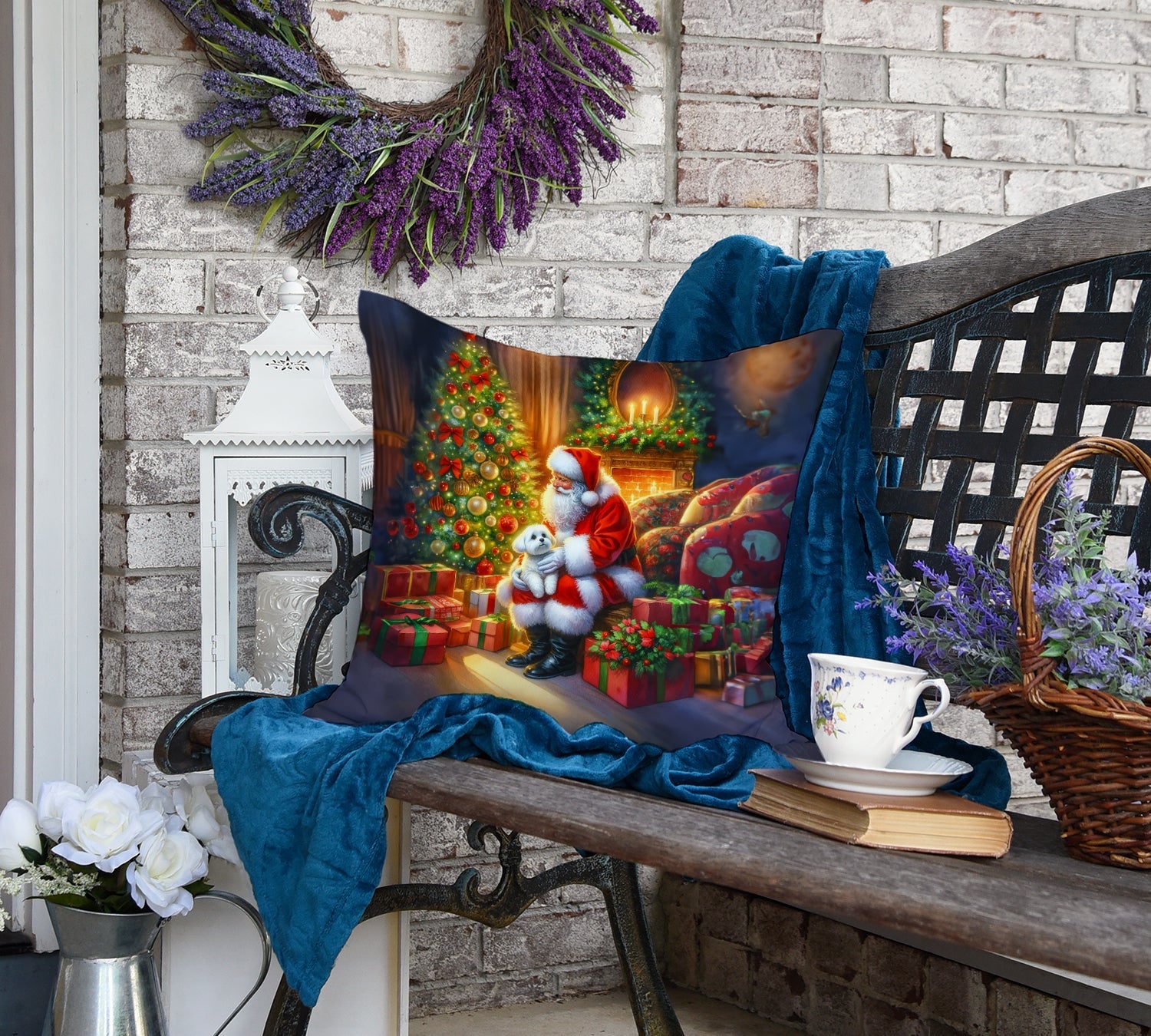 Maltese and Santa Claus Decorative Throw Pillow 18x18 Indoor Outdoor Accent Cushion, Fabric Cover with Insert for Sofa, Bed, Porch & Living Room