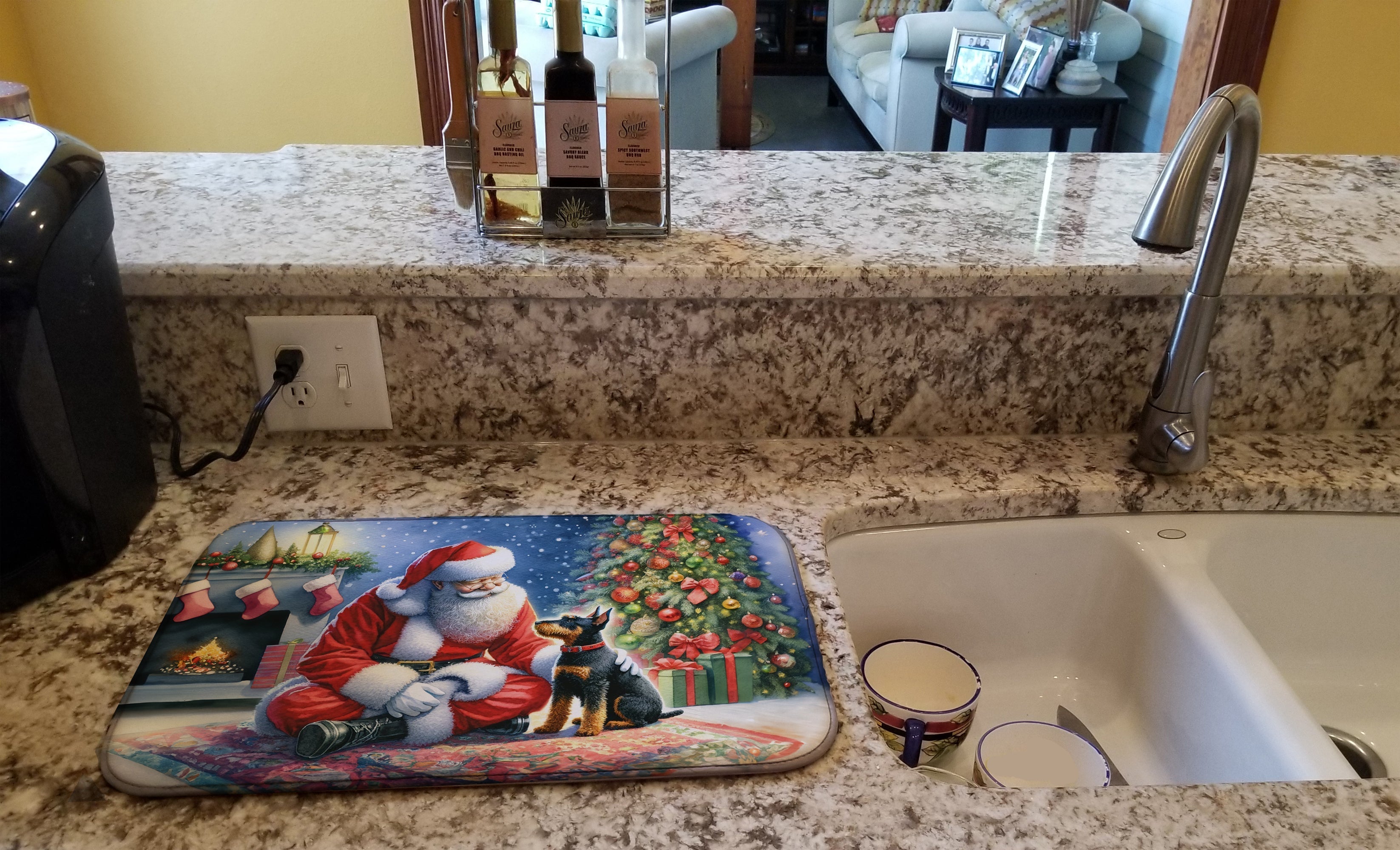 Manchester Terrier and Santa Claus Dish Drying Mat Absorbent Dish Drying Mat Pad for Kitchen Counter Dish Drainer Mat for Countertop, 14 x 21", Multicolor