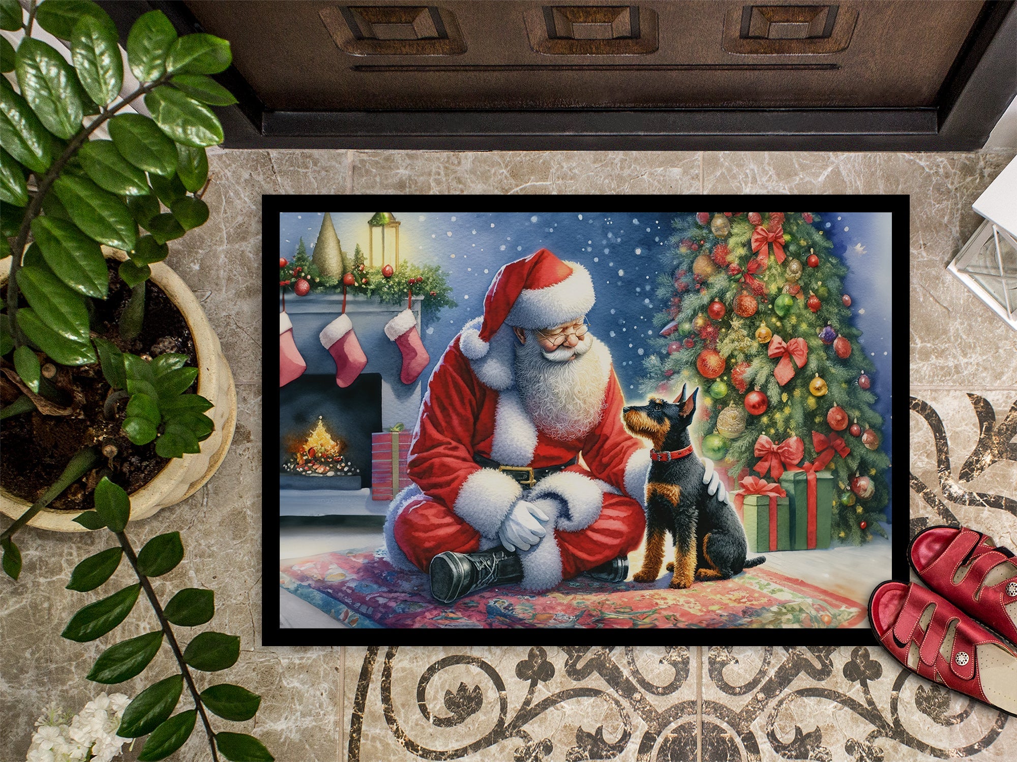 Manchester Terrier and Santa Claus Doormat Indoor Outdoor 24H X 36W Front Door Mat Rugs for Entryway, Non Slip Washable Low Pile,