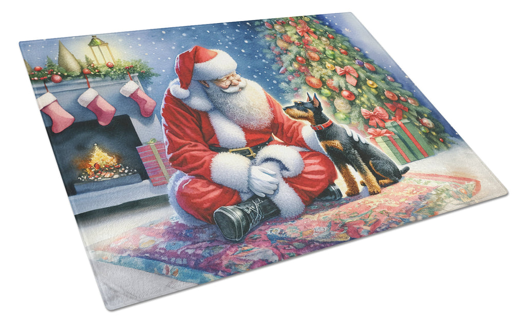 Manchester Terrier and Santa Claus Cutting Board Tempered Glass Kitchen Cutting Surface, Heat Resistant Chopping, Non-Slip Feet, Food Prep & Serving