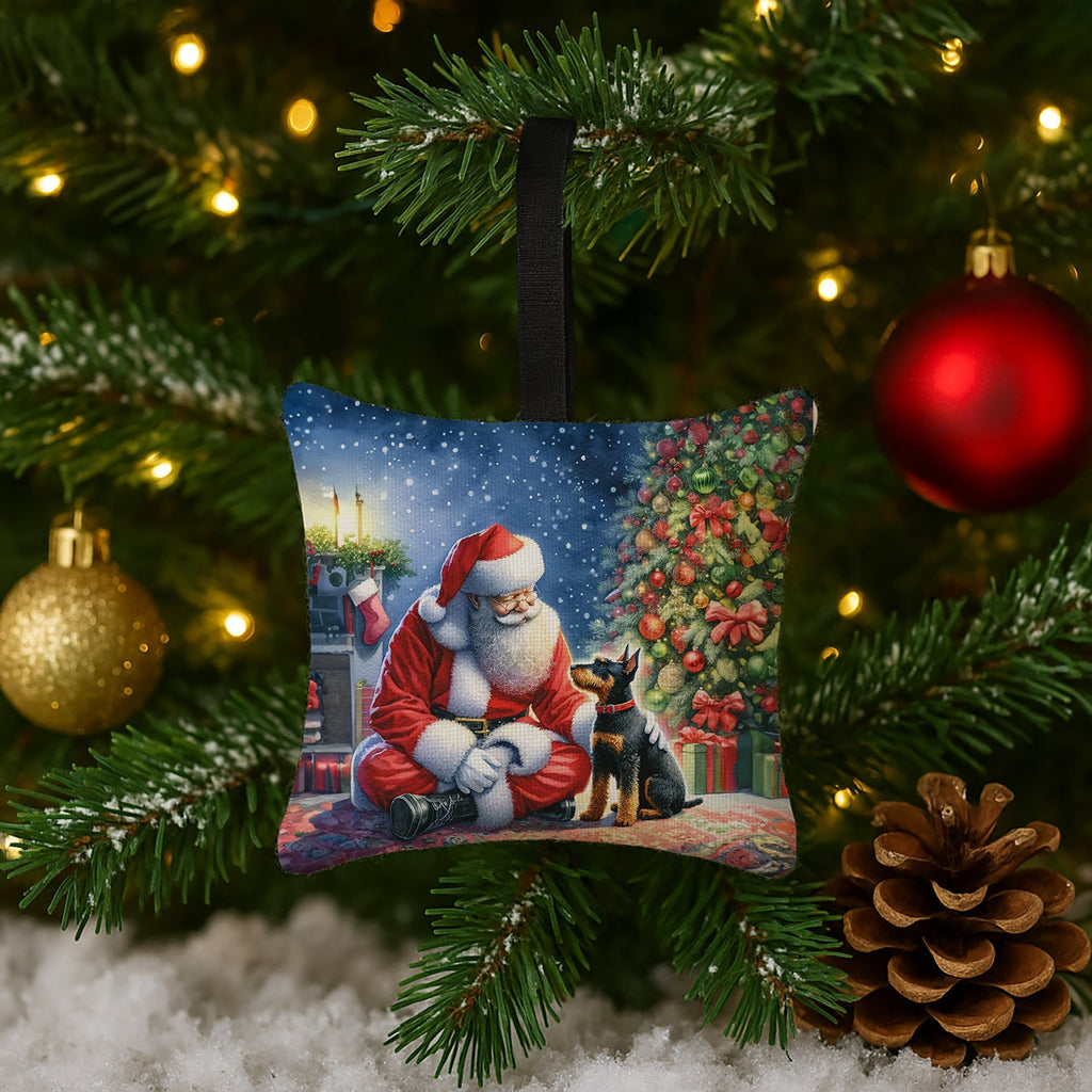 Manchester Terrier and Santa Claus Hanging Square Fabric Ornament 3.5 × 3.5 Decorative Door-Knob & Tree Hanger, Soft Fabric